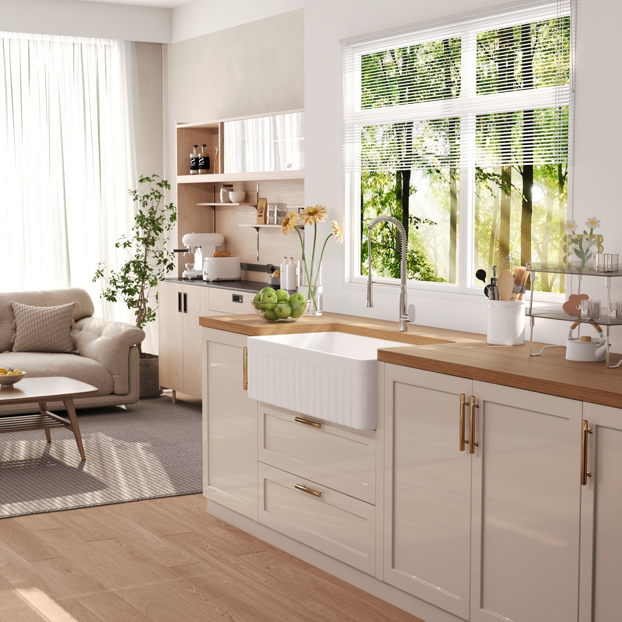 DeerValley Solstice Fireclay Farmhouse Sink, 35.5"L x 18"W Farmhouse Kitchen Sink White Large Single Bowl Farm Sink Reversible Apron Front with Sink Grid and Basket Strainer, DV-1K0377