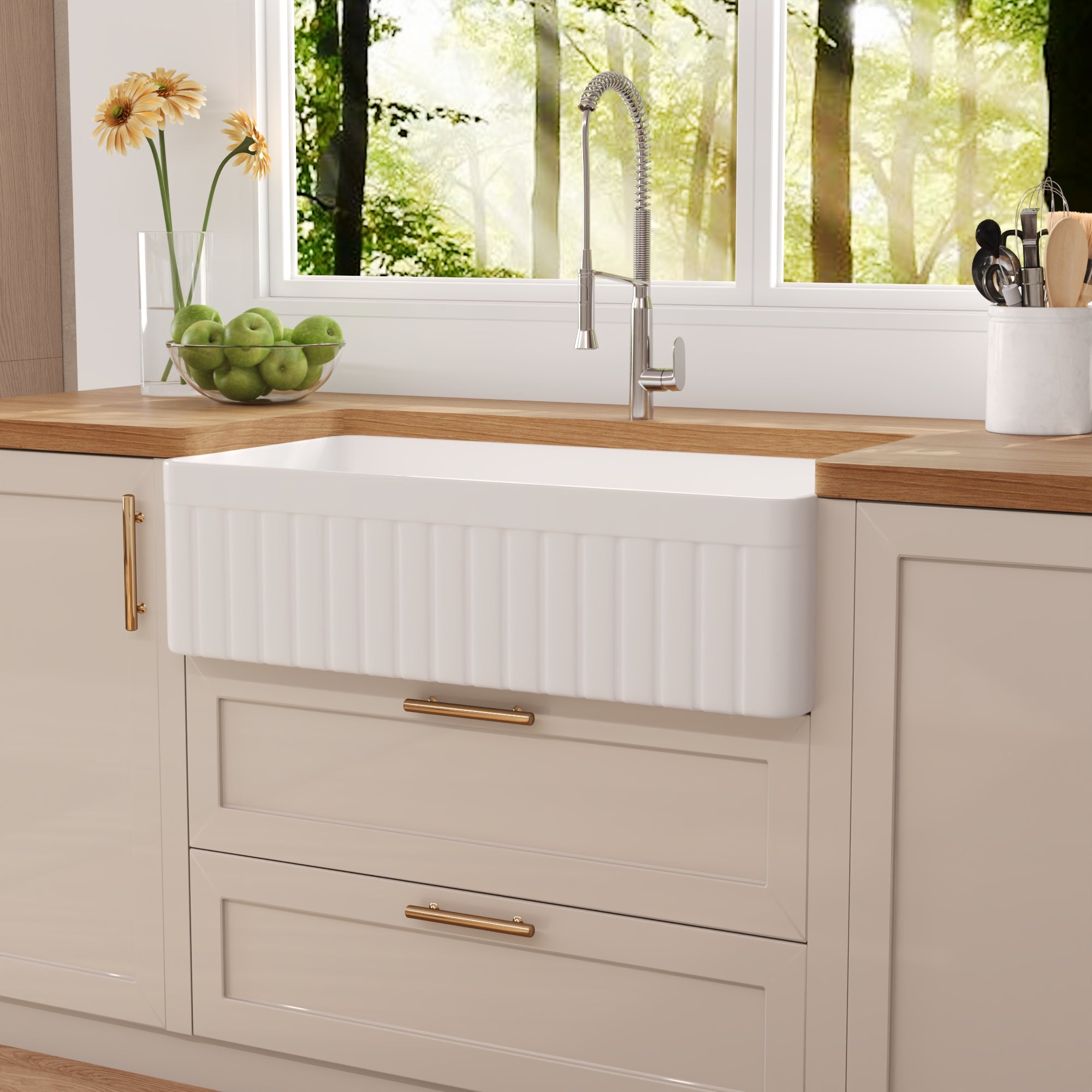 DeerValley Solstice Fireclay Farmhouse Sink, 35.5"L x 18"W Farmhouse Kitchen Sink White Large Single Bowl Farm Sink Reversible Apron Front with Sink Grid and Basket Strainer, DV-1K0377