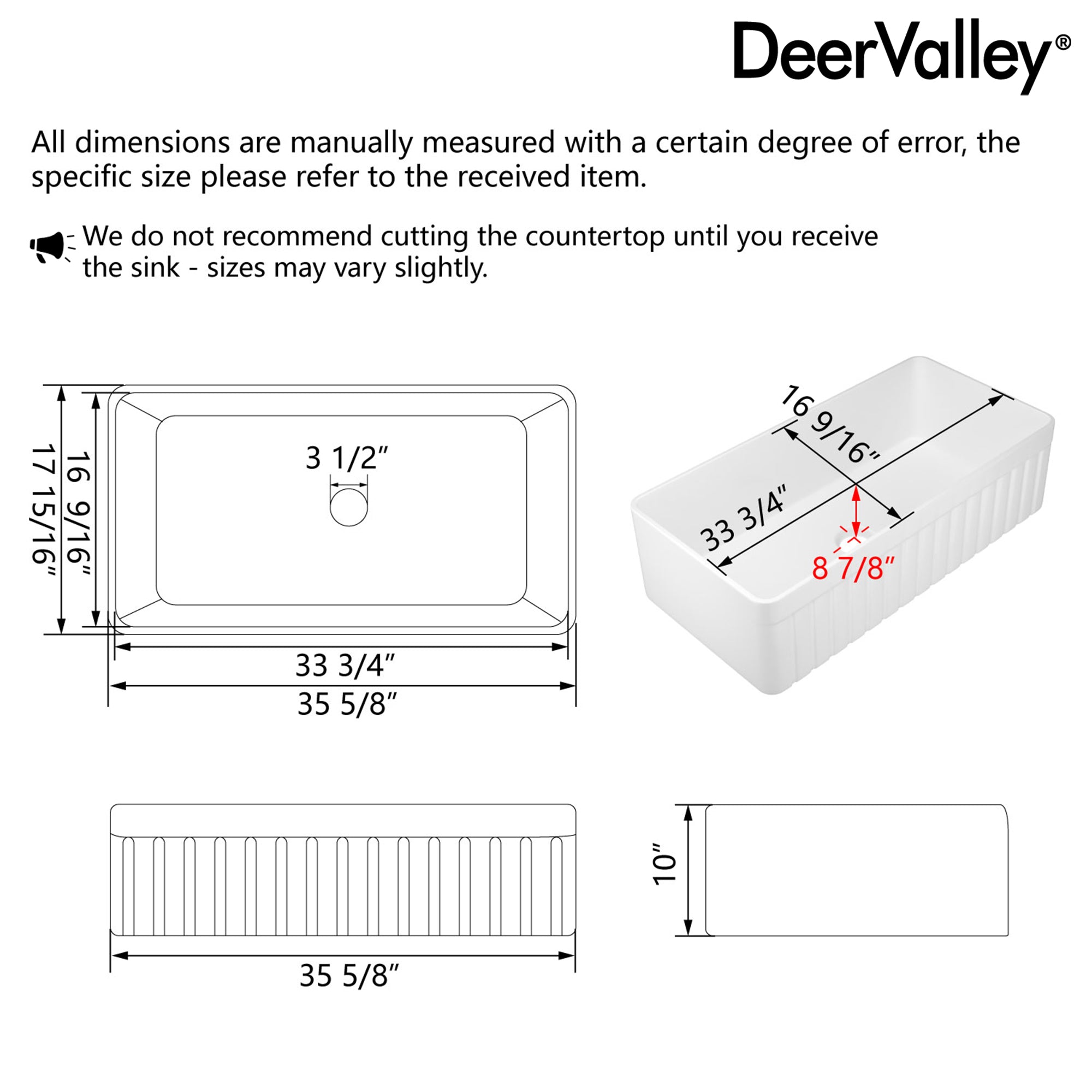 DeerValley Solstice Fireclay Farmhouse Sink, 35.5"L x 18"W Farmhouse Kitchen Sink White Large Single Bowl Farm Sink Reversible Apron Front with Sink Grid and Basket Strainer, DV-1K0377