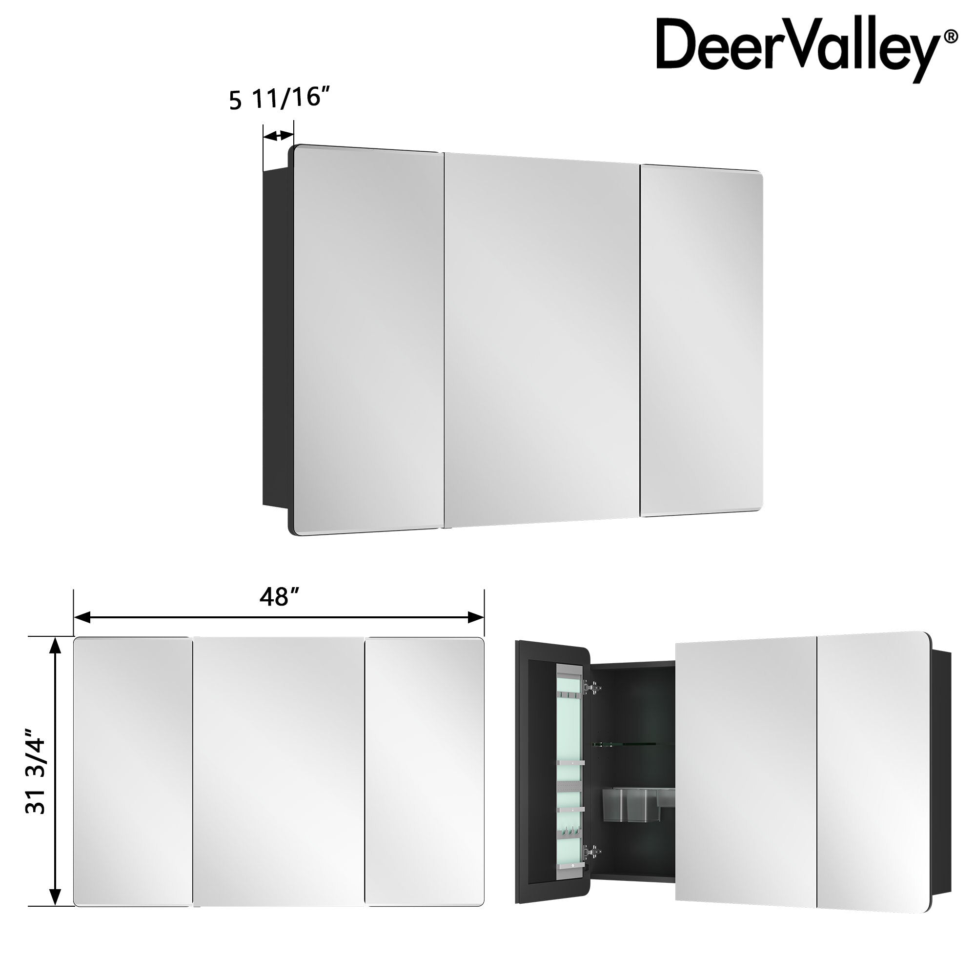 DeerValley Three-Door Wall-Mounted Mirror Cabinet with Black Aluminum Frame and Inner Storage