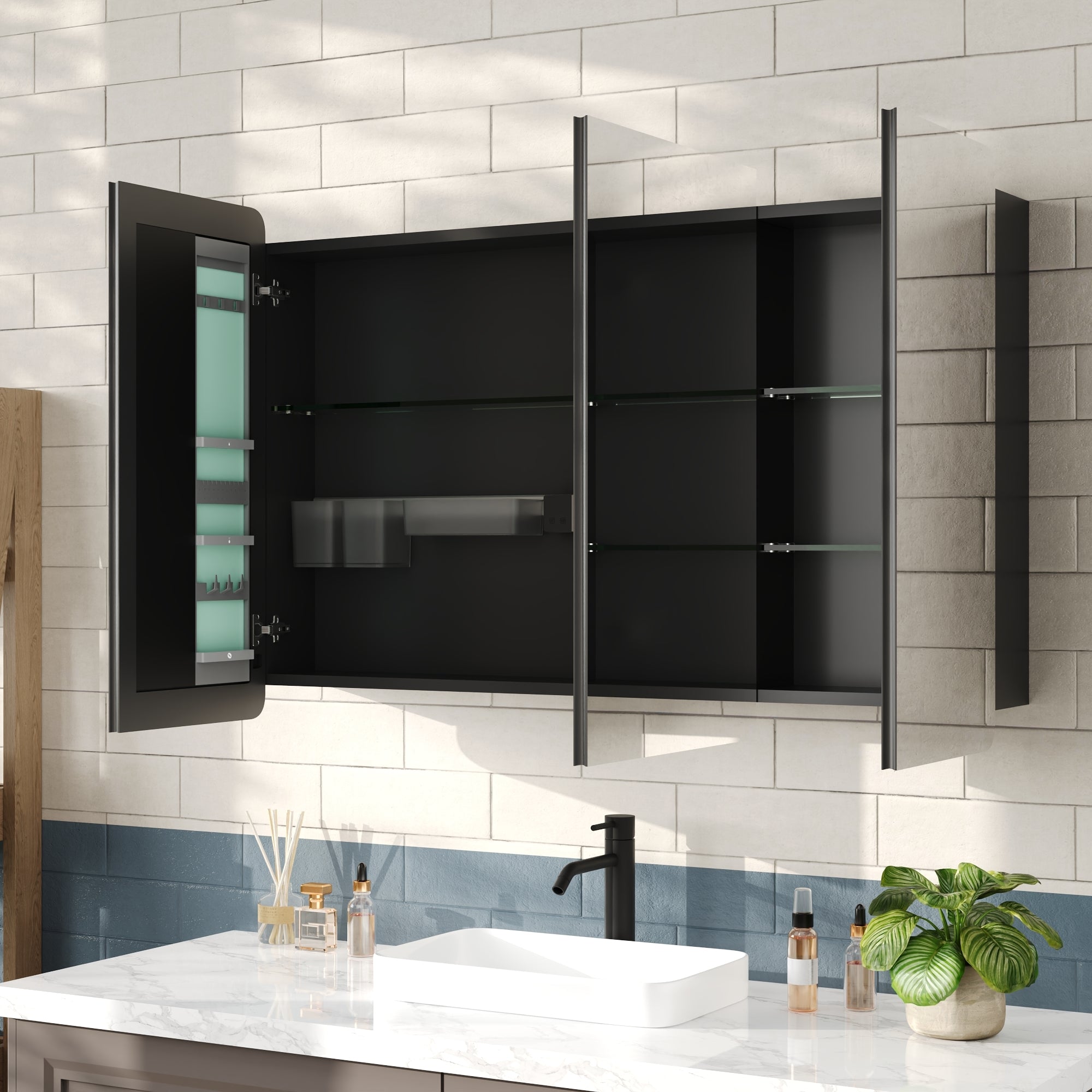 DeerValley Three-Door Wall-Mounted Mirror Cabinet with Black Aluminum Frame and Inner Storage