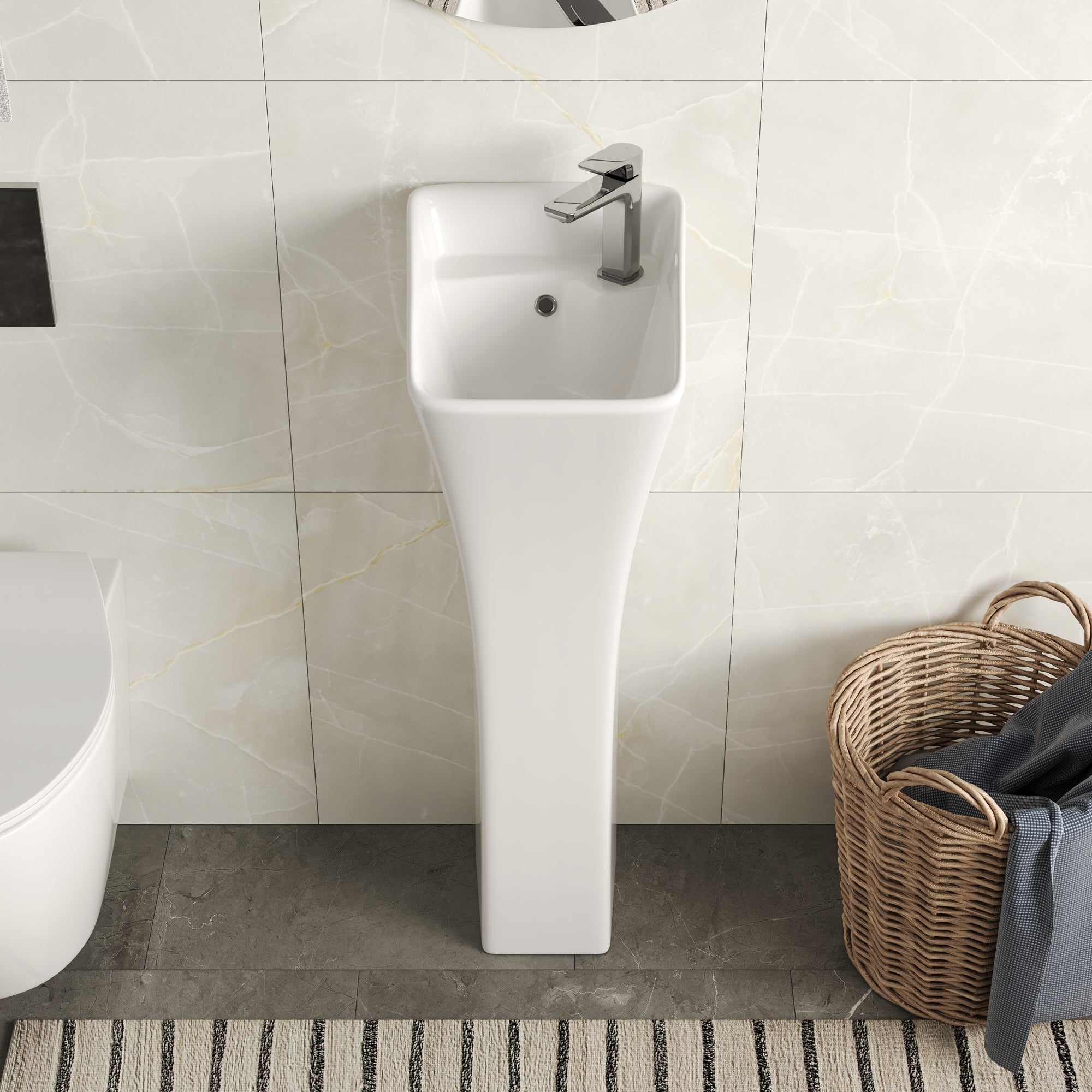 Horizon Small Pedestal Bathroom Sink 11"L x 13"W x 35"H Ceramic One Piece Bath Sink with Overflow