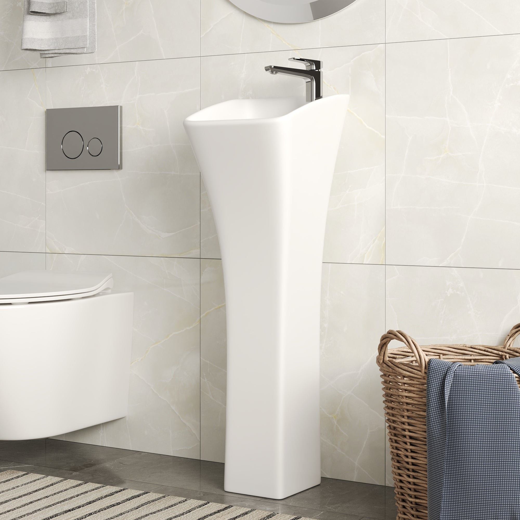 Horizon Small Pedestal Bathroom Sink 11"L x 13"W x 35"H Ceramic One Piece Bath Sink with Overflow