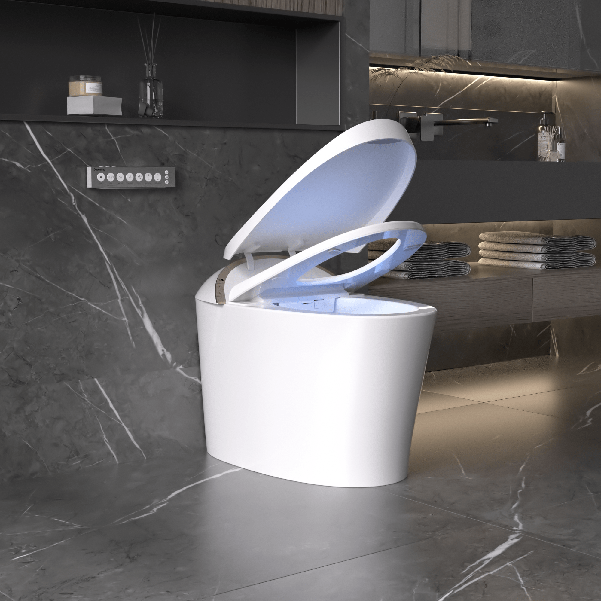 DeerValley DV-1S0160-V3 Premium Tankless Elongated Smart Bidet Toilet with Off-Seat Flush/Foot Sensor Flush, Automatic Tankless Toilet with Heated Seat, Warm Water Cleaning, Warm Air dryer