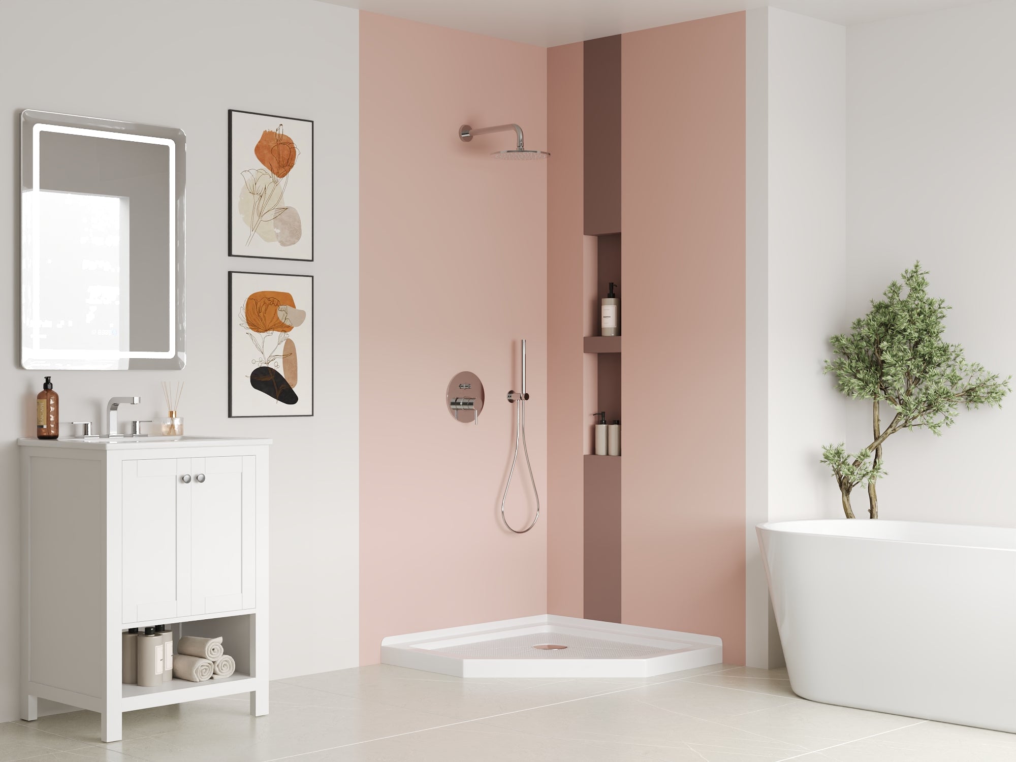 DeerValley 35" x 35" Neo-Angle Single Threshold Shower Base, Acrylic White, Single-Threshold