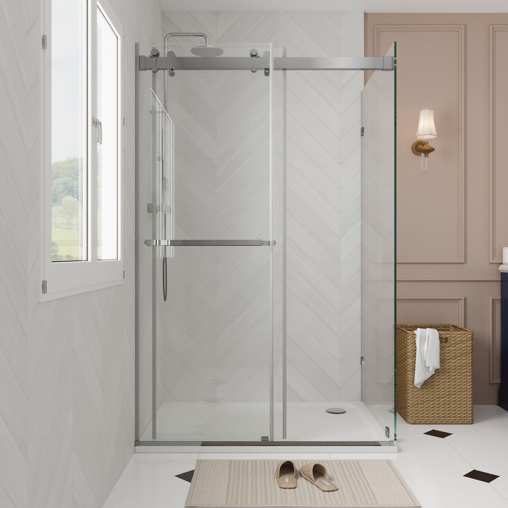 Sliding Frameless Shower Enclosure with 3/8" Clear Glass, Stainless Steel Accessories