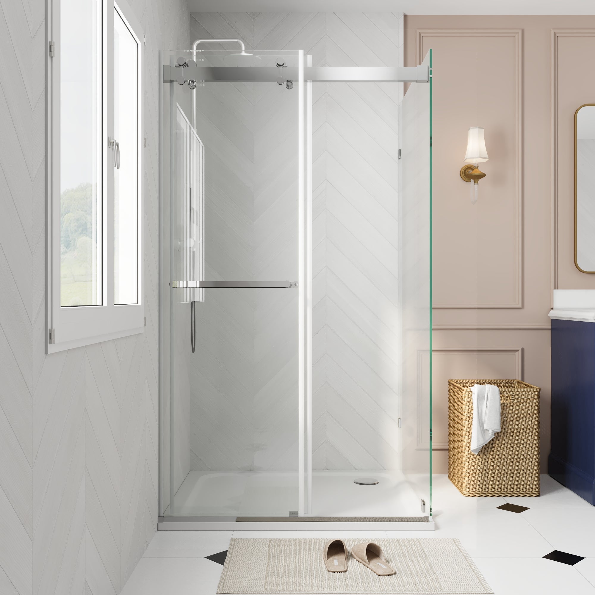 Sliding Frameless Shower Enclosure with 3/8" Clear Glass, Stainless Steel Accessories