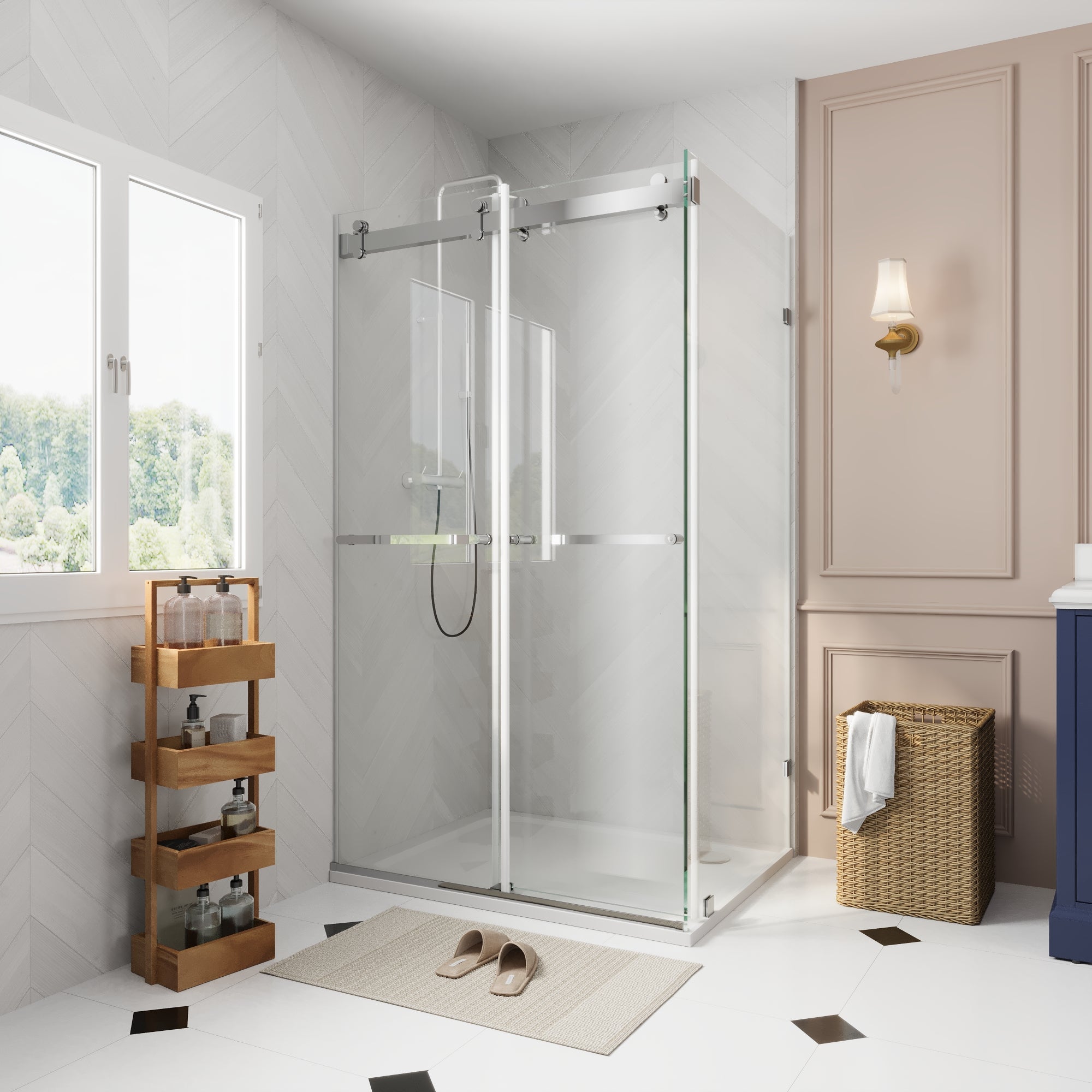 Sliding Frameless Shower Enclosure with 3/8" Clear Glass, Stainless Steel Accessories