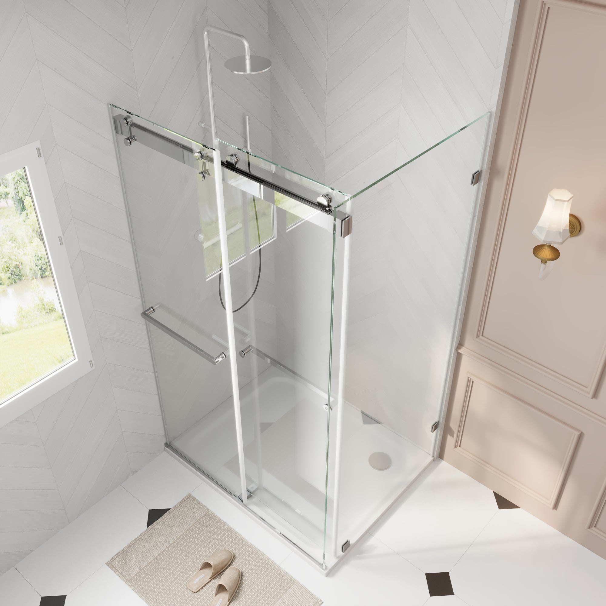 Sliding Frameless Shower Enclosure with 3/8" Clear Glass, Stainless Steel Accessories