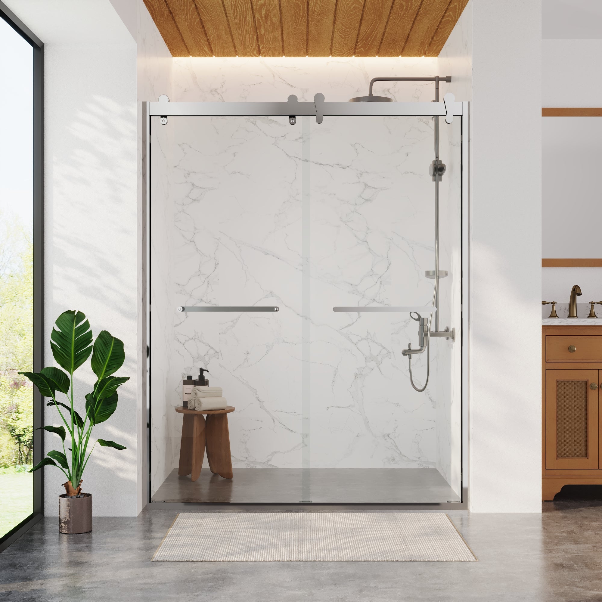 56 in. - 60 in. W x 76 in. H Framed Double Sliding Shower Door, Silver / Matte Black / Gold