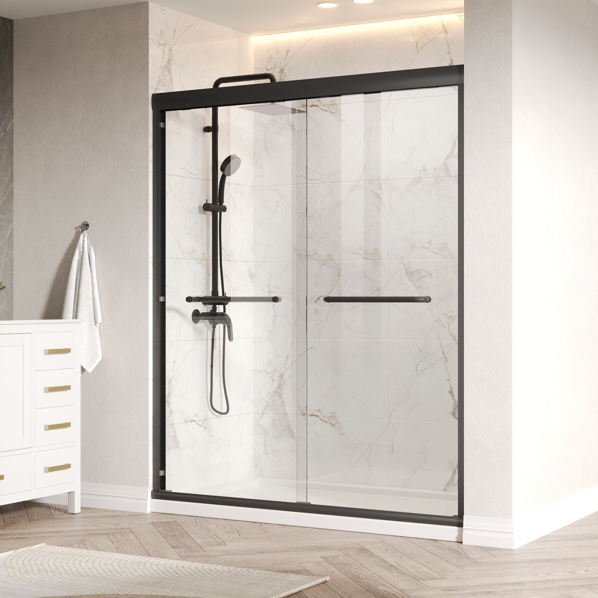 56 in. - 60 in. W x 76 in. H Semi-Frameless Sliding Shower Door,Silver Finish / Black Finish
