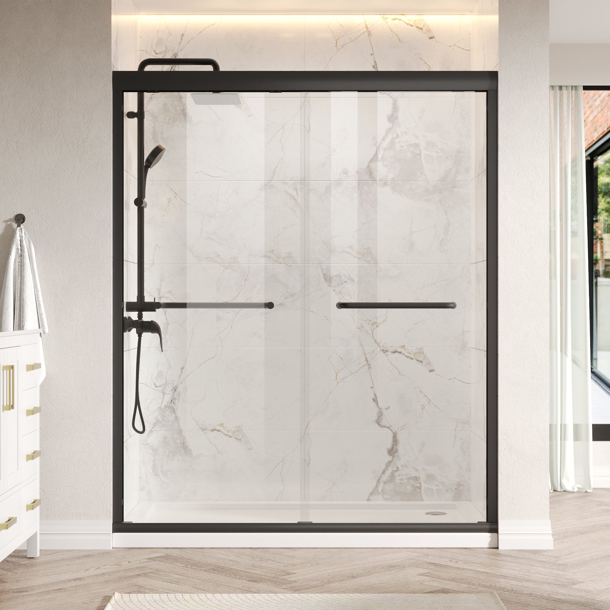 56 in. - 60 in. W x 76 in. H Semi-Frameless Sliding Shower Door,Silver Finish / Black Finish