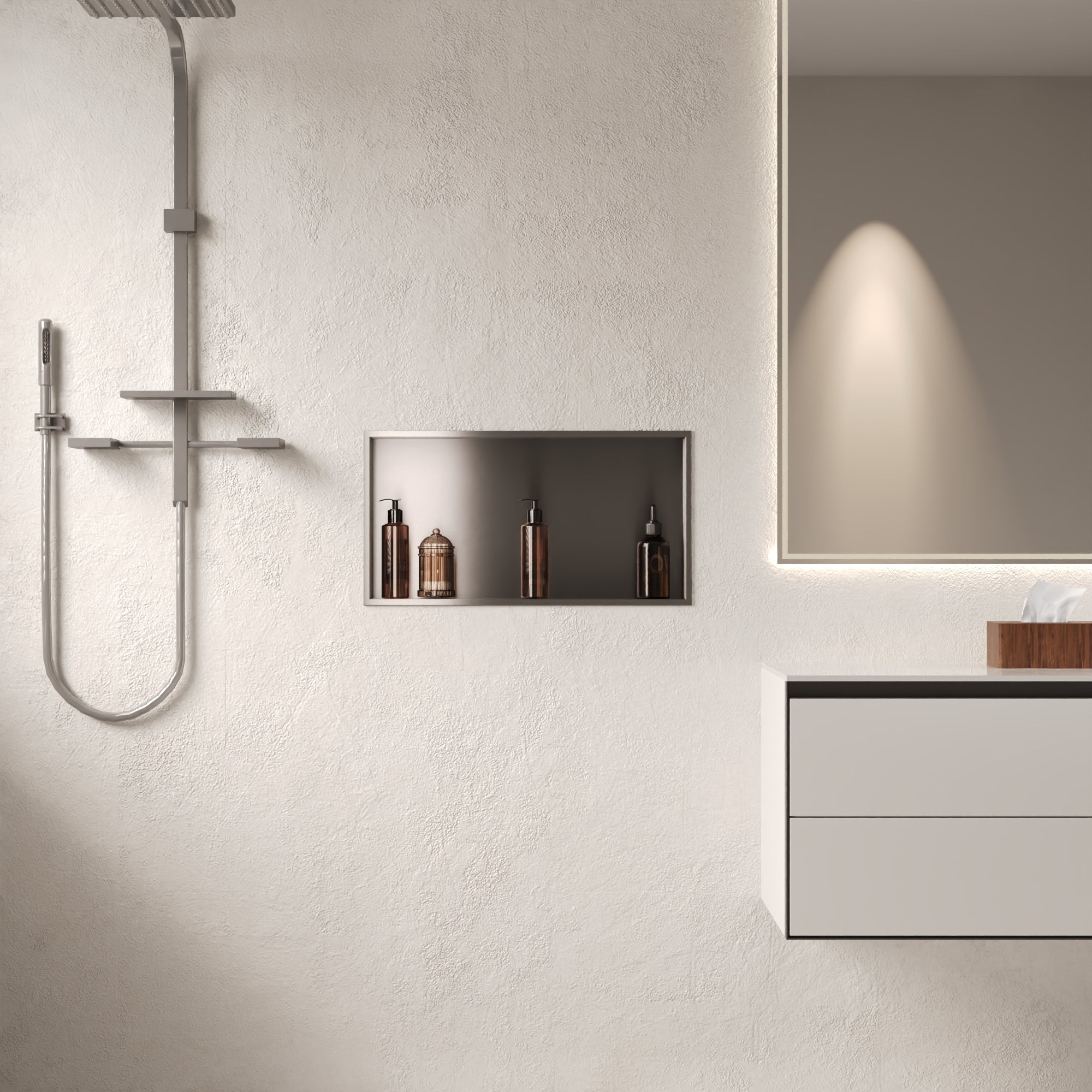 DeerValley 12" x 24" Single Shelf Shower Niche with Drainage Slope, Matte Black, White, or Stainless Steel Finish - Recessed Wall Bathroom Niche, No Tile Required