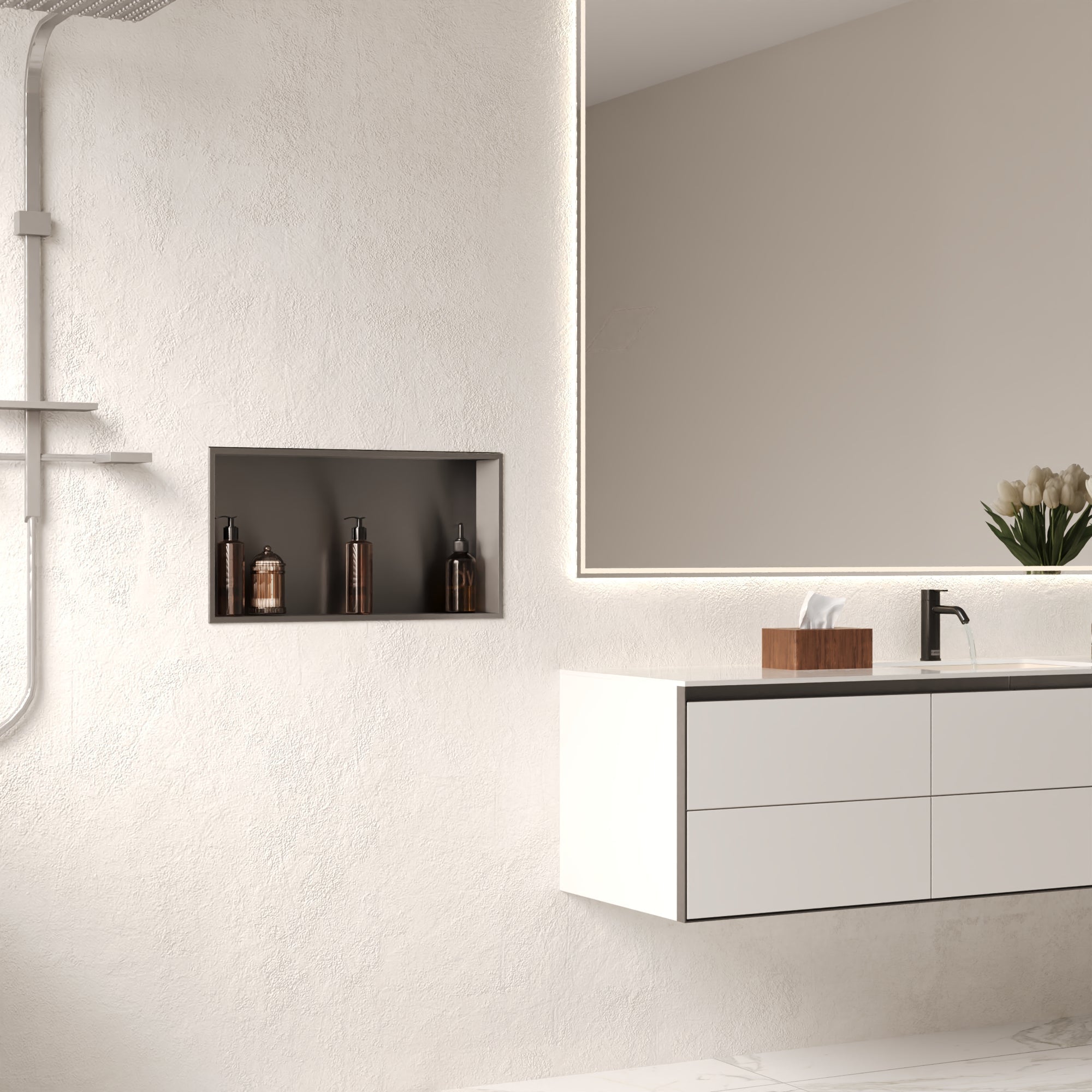 DeerValley 12" x 24" Single Shelf Shower Niche with Drainage Slope, Matte Black, White, or Stainless Steel Finish - Recessed Wall Bathroom Niche, No Tile Required