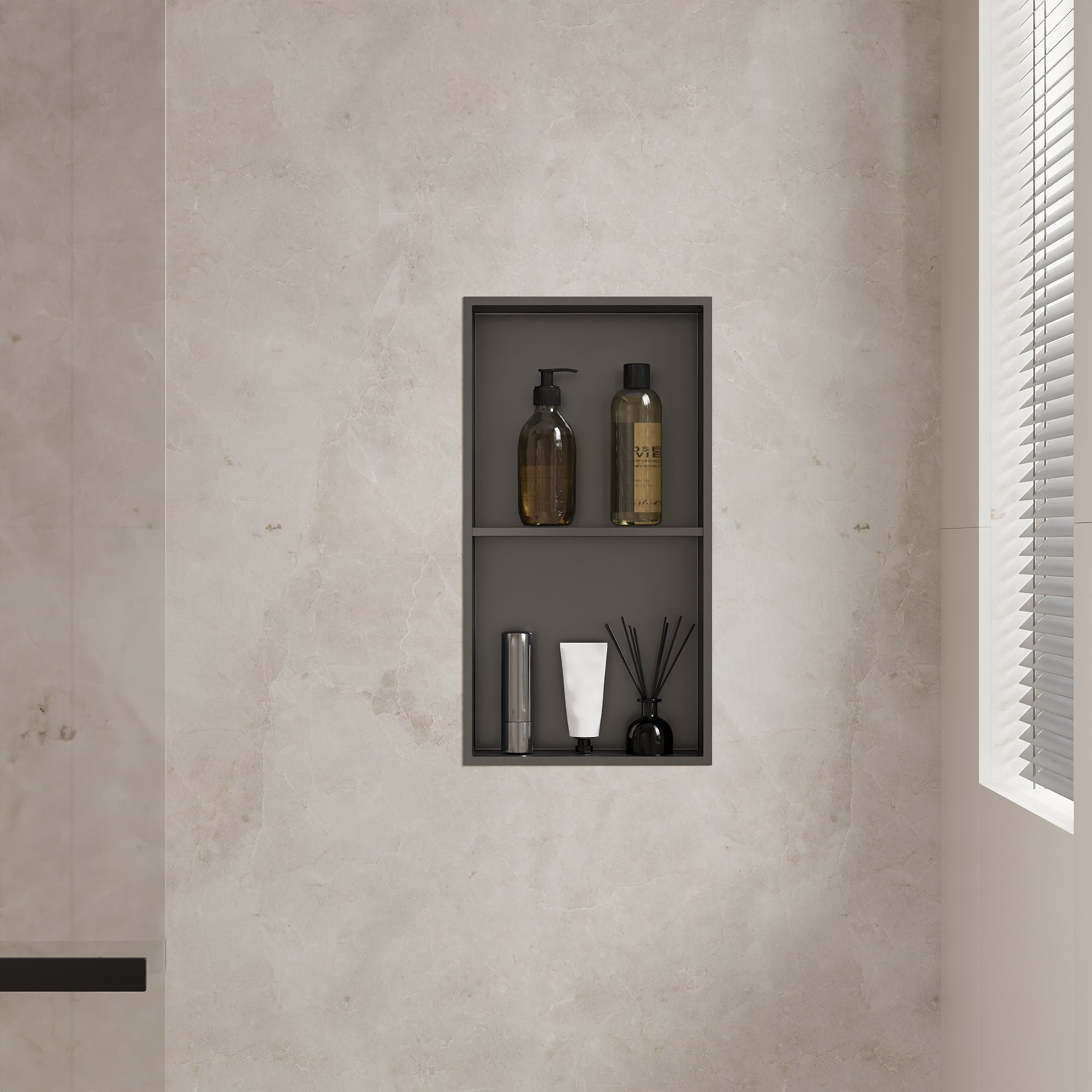 DeerValley 12" x 24" Double Shelf Shower Niche with Drainage Slope, Matte Black, White, or Stainless Steel Finish - Recessed Wall Bathroom Niche, No Tile Required