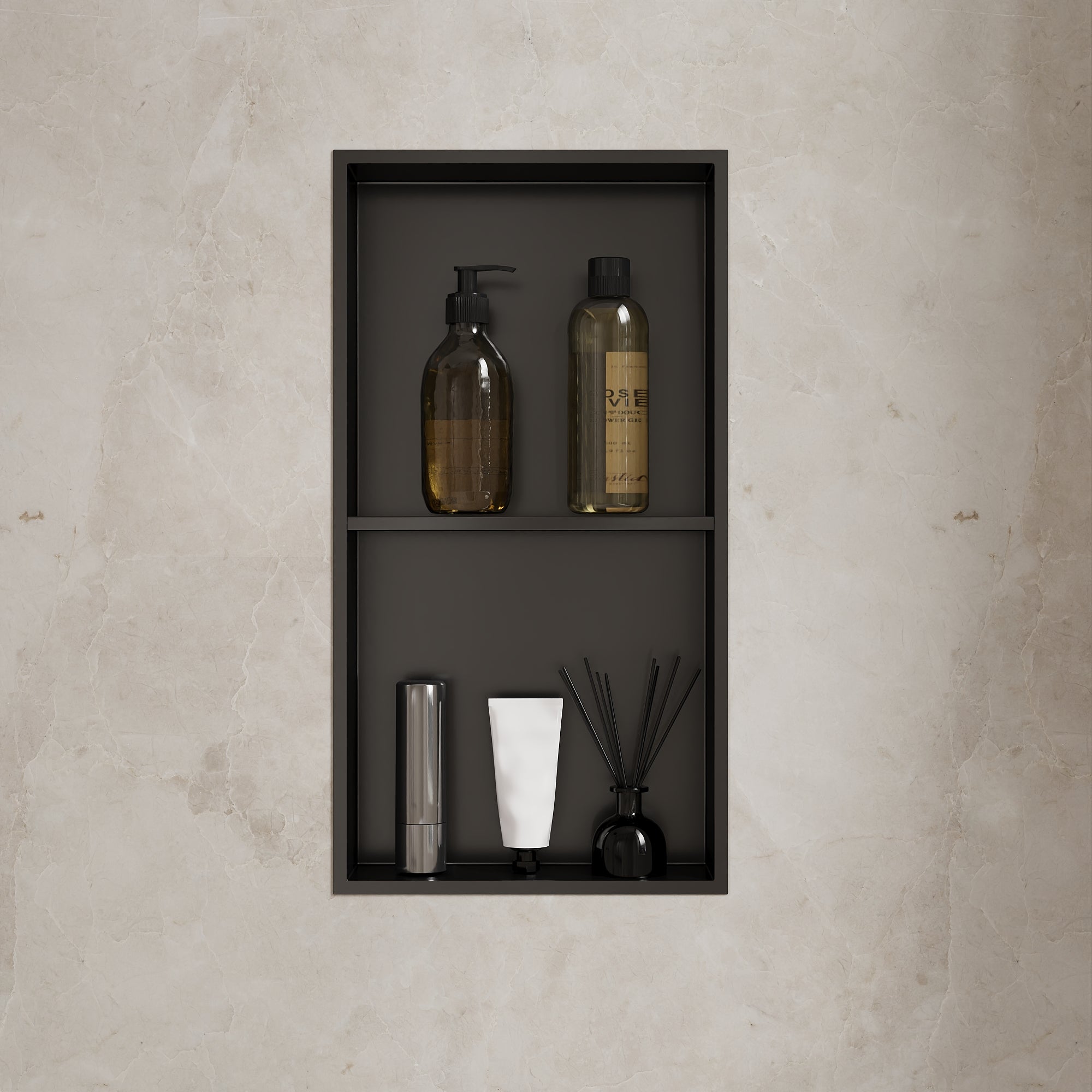 DeerValley 12" x 24" Double Shelf Shower Niche with Drainage Slope, Matte Black, White, or Stainless Steel Finish - Recessed Wall Bathroom Niche, No Tile Required