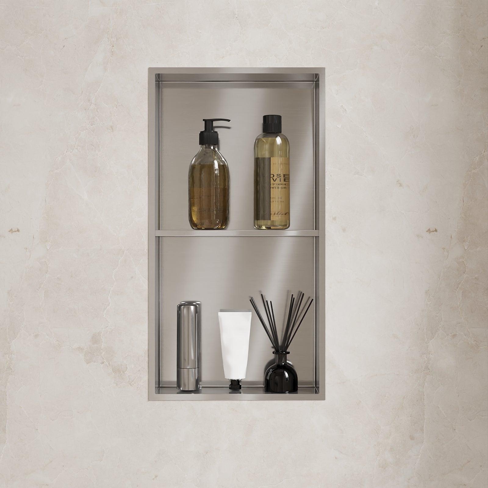 DeerValley 12" x 24" Double Shelf Shower Niche with Drainage Slope, Matte Black, White, or Stainless Steel Finish - Recessed Wall Bathroom Niche, No Tile Required