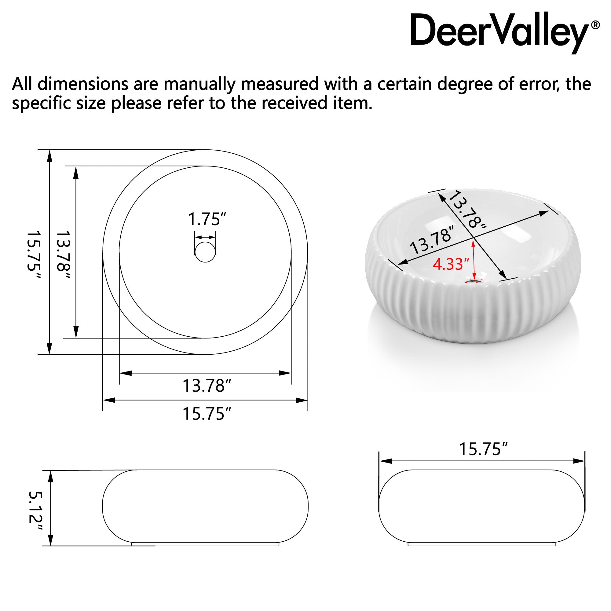 15.7"x 5.1" Round Vessel Sink, Easy to Clean