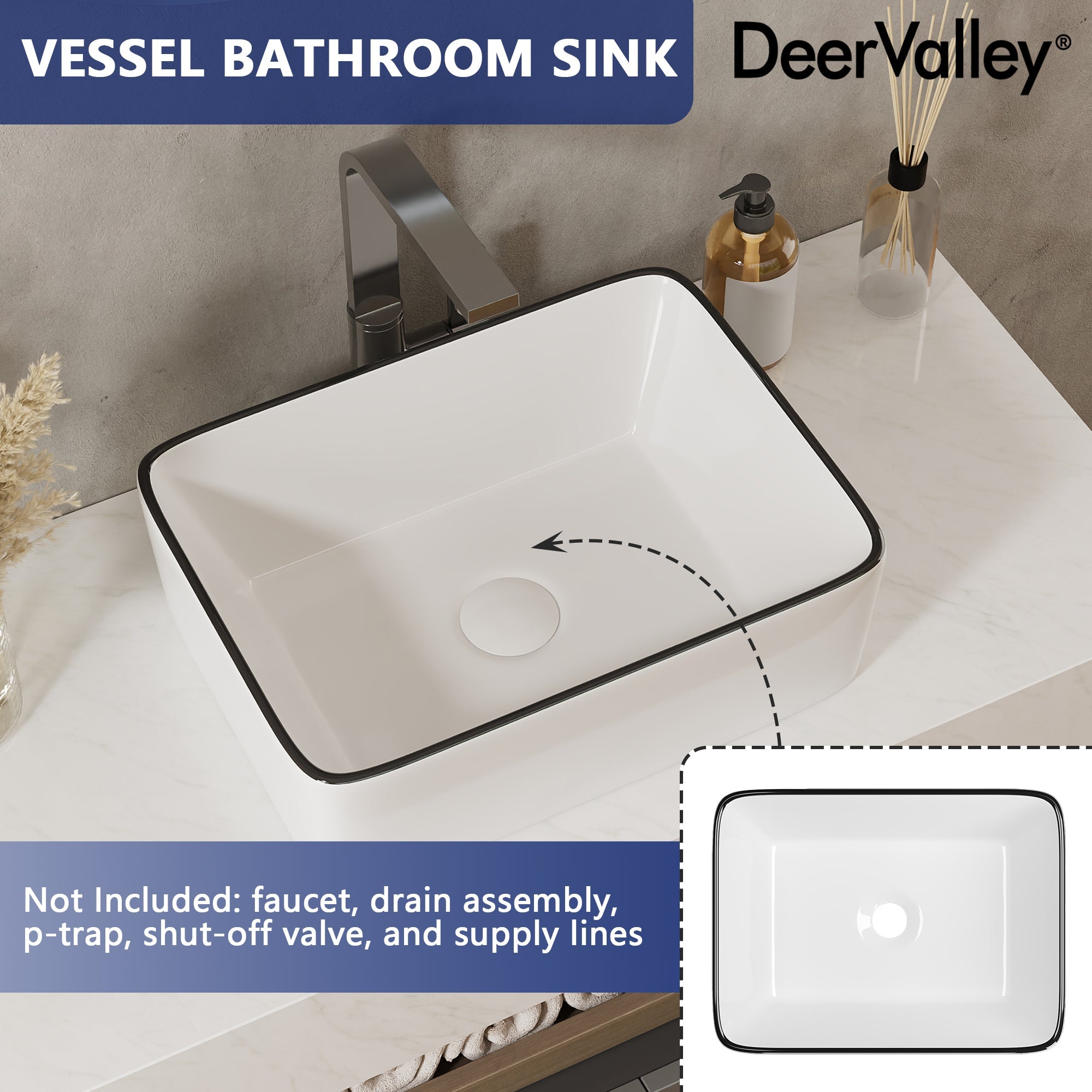 DeerValley Liberty 16"x 12" Rectangular Vitreous China Vessel Bathroom Sink, White with Black Striped Edge - DV-1V0317