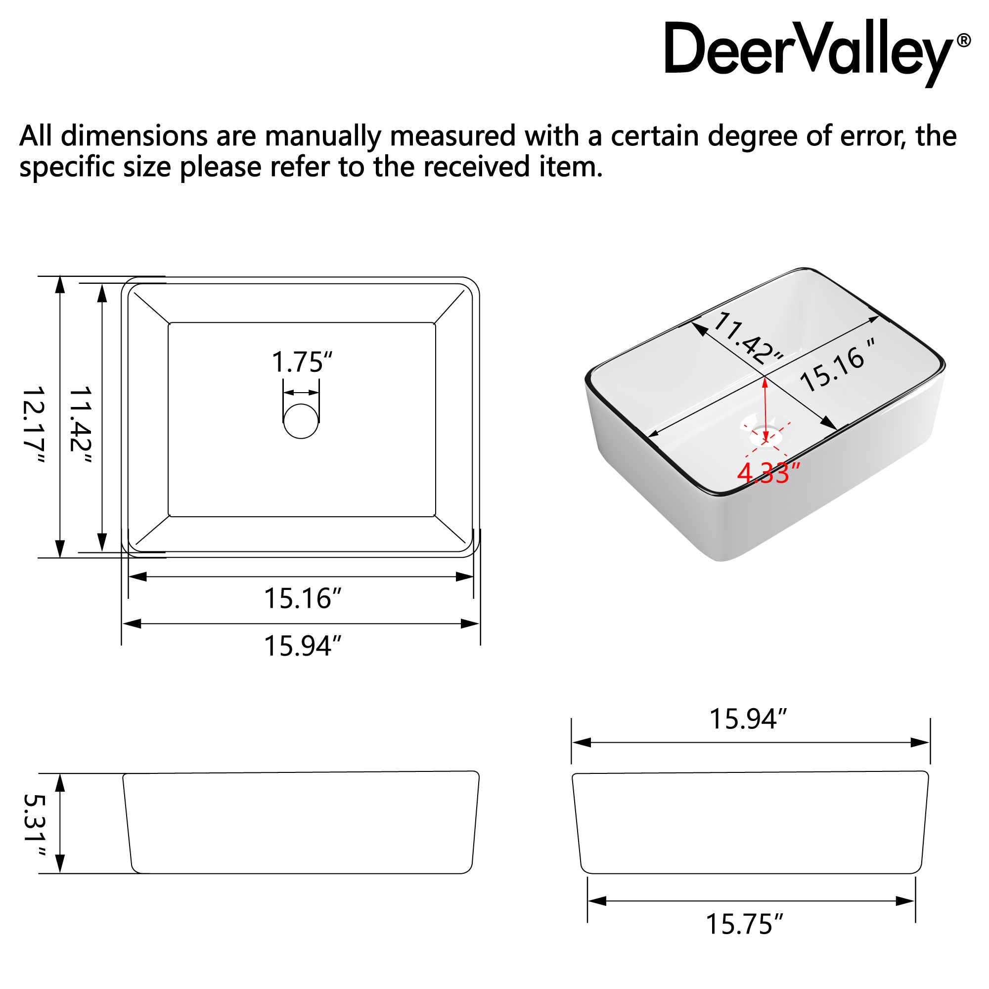 DeerValley Liberty 16"x 12" Rectangular Vitreous China Vessel Bathroom Sink, White with Black Striped Edge - DV-1V0317