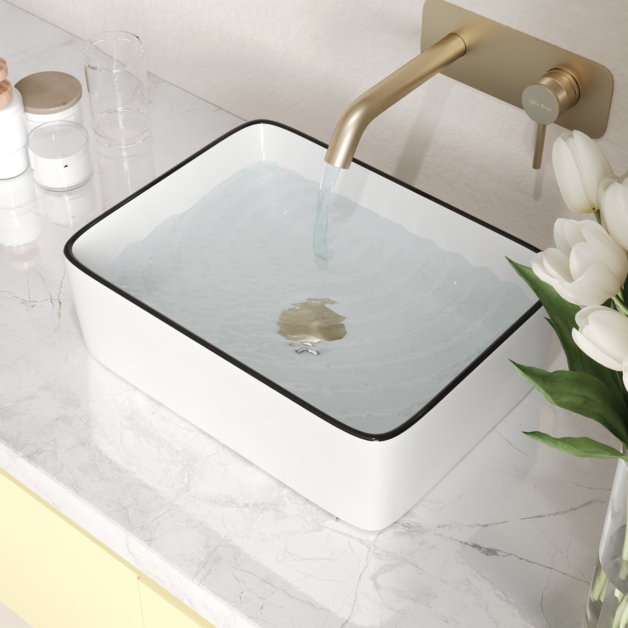 DeerValley Liberty 16"x 12" Rectangular Vitreous China Vessel Bathroom Sink, White with Black Striped Edge - DV-1V0317