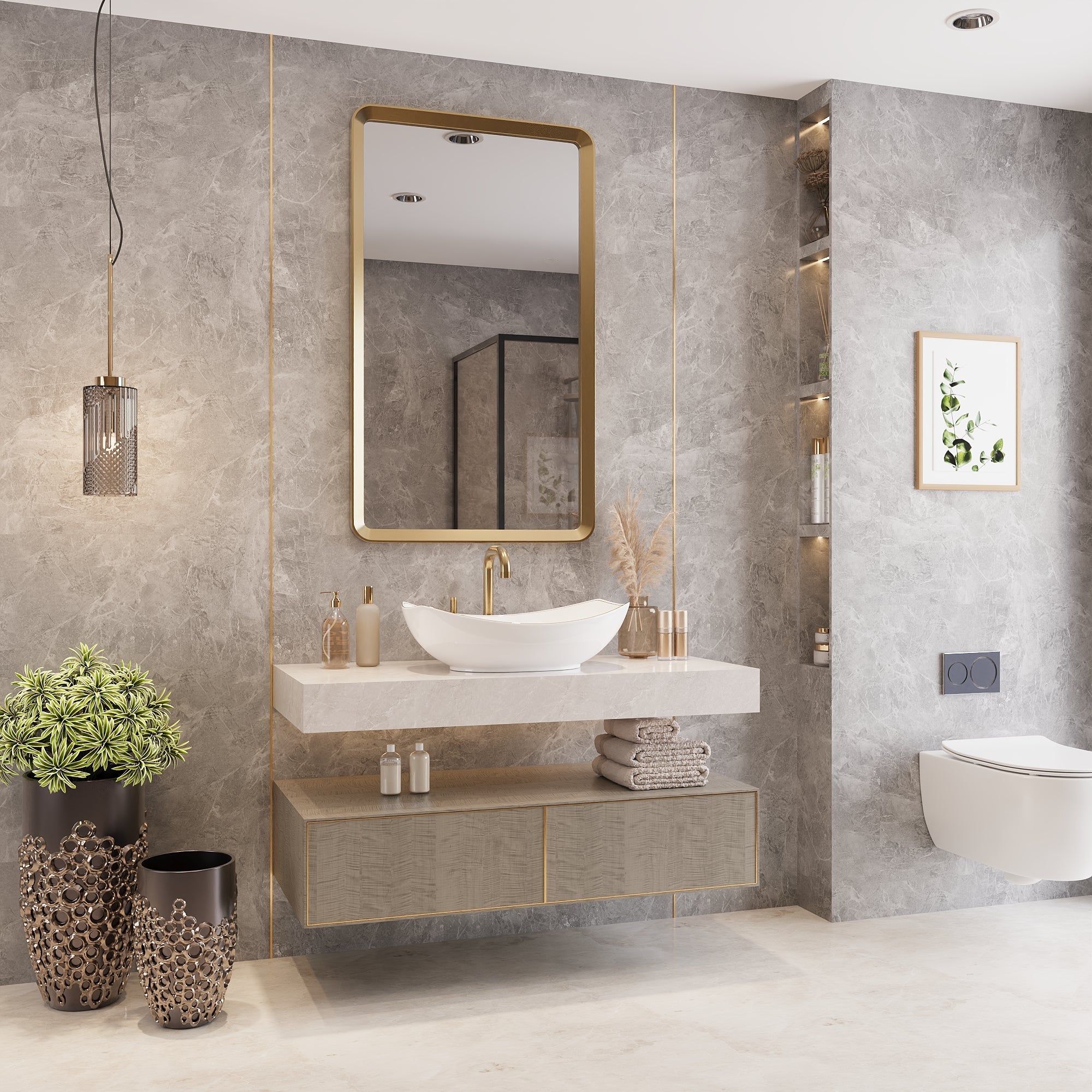 DeerValley 22" x 16" Boat-Shaped Ceramic Vessel Sink with Gold Striped Edges - DV-1V0319