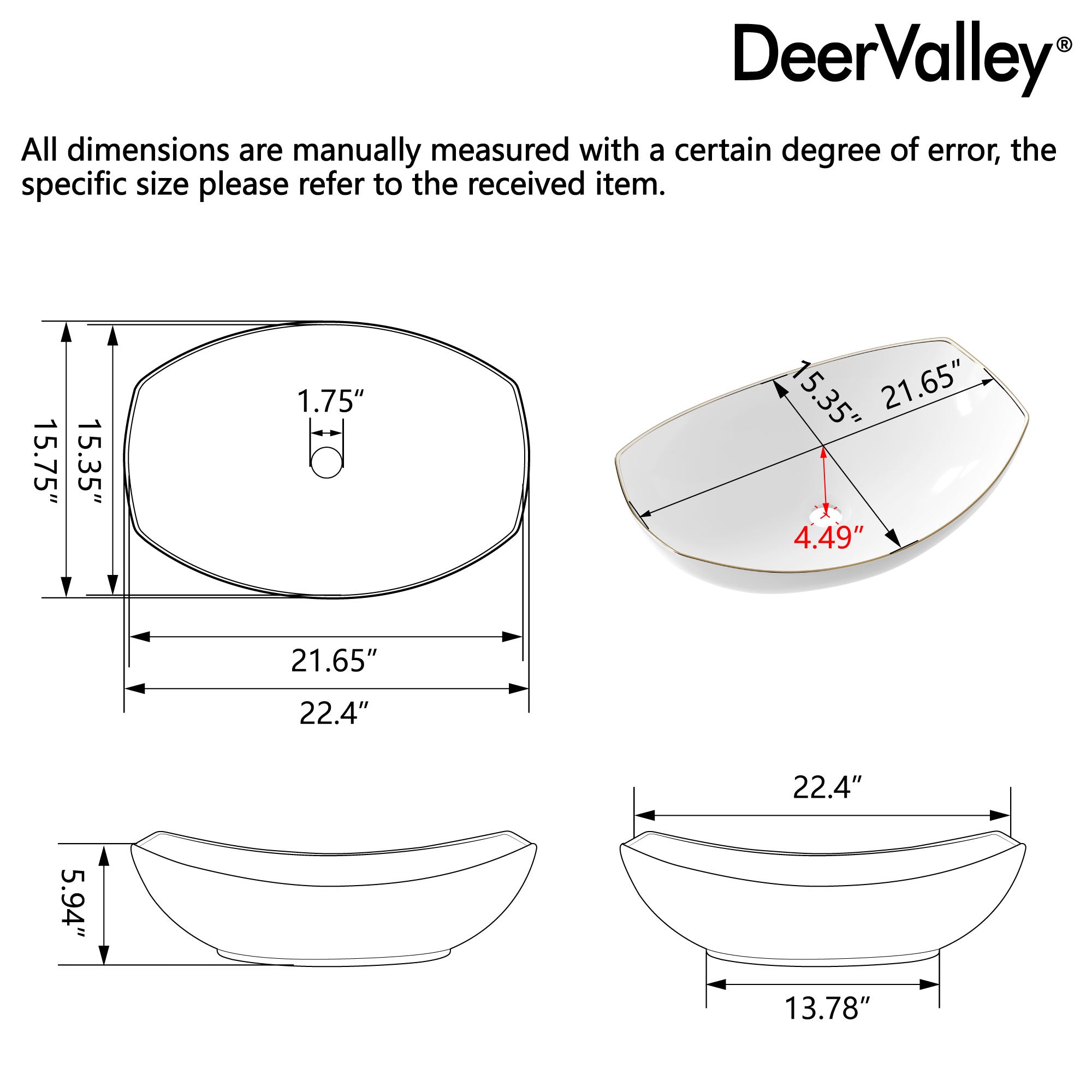 DeerValley 22" x 16" Boat-Shaped Ceramic Vessel Sink with Gold Striped Edges - DV-1V0319