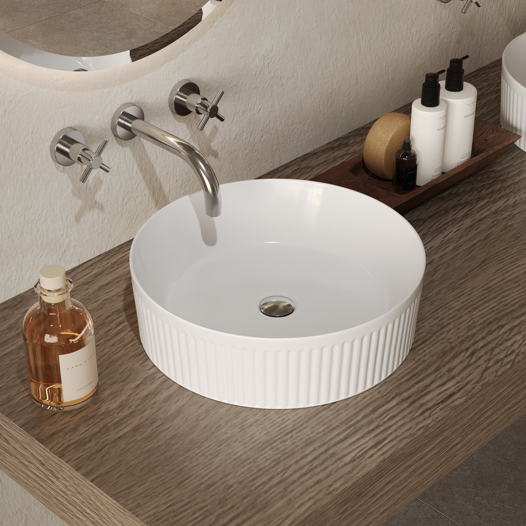 DeerValley DV-1V0320 16" x 16" Round Ceramic Vessel Sink with Wavy Texture Design