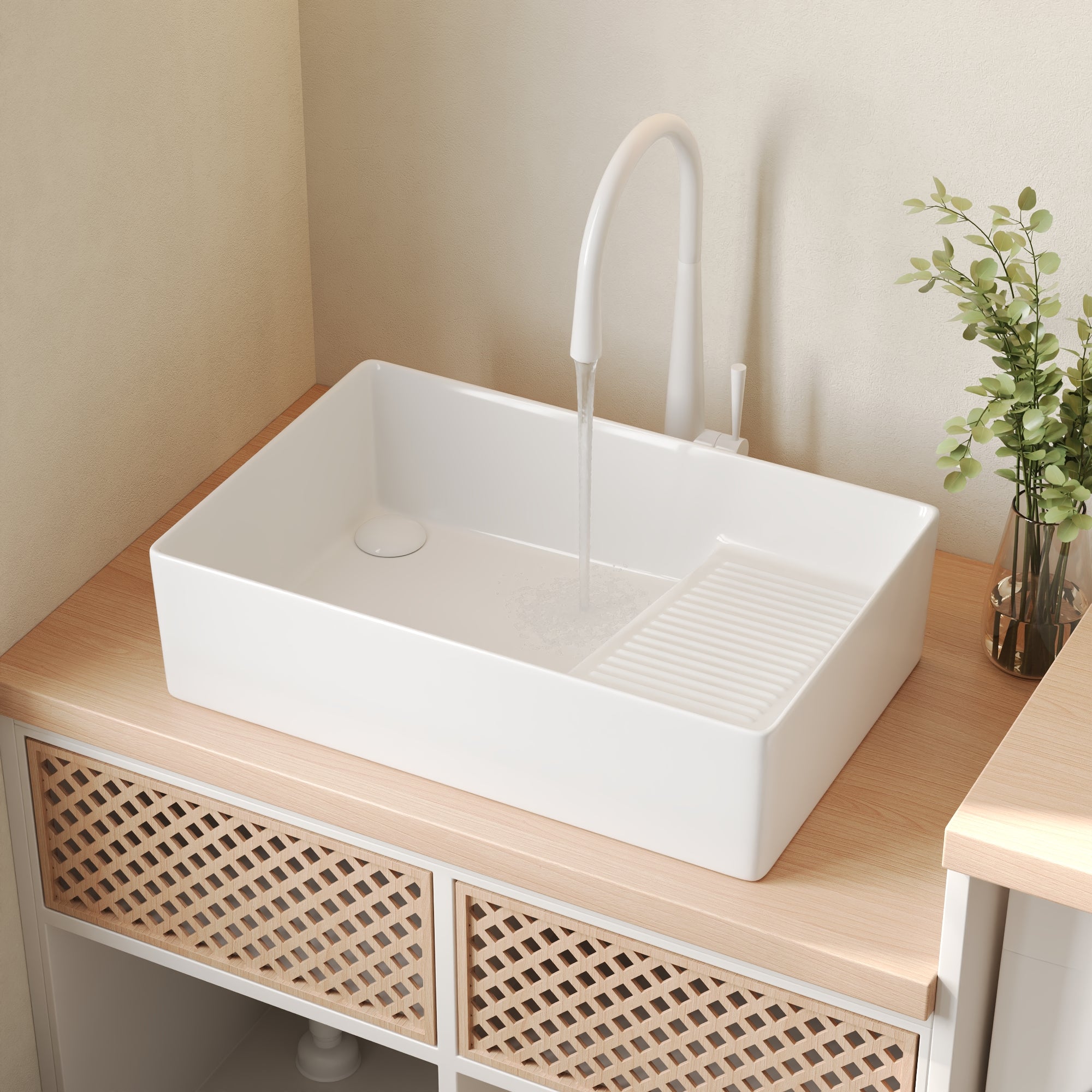 Perch 24" x 17" Square Ceramic Vessel Sink with Slanted Washboard Design