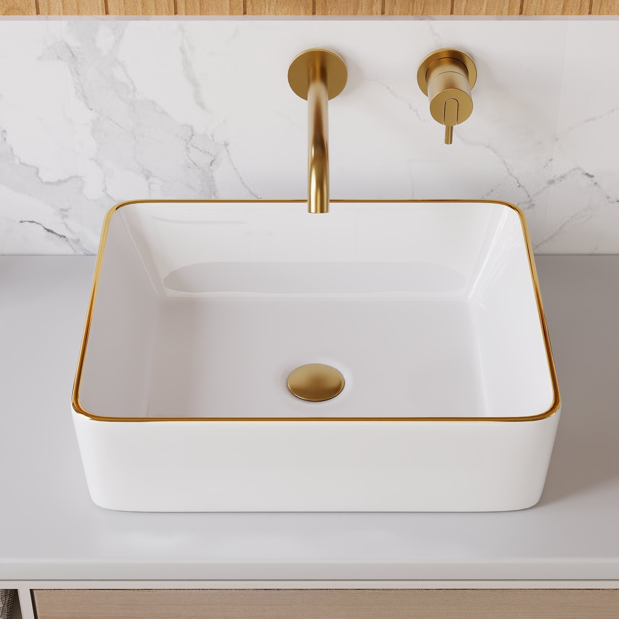 DeerValley Vessel Sink Rectangle 19"x15" Bathroom Sink with Gold Trim, White Ceramic Rectangular Above Counter Porcelain Art Basin,19 Inch Modern Sink, DV-1V0365