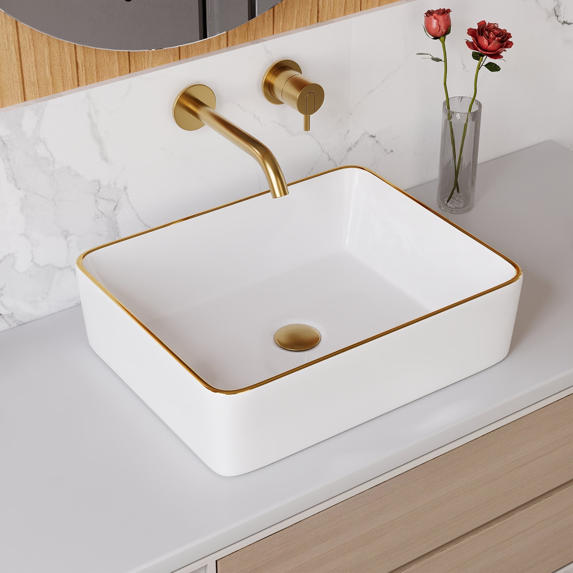 DeerValley Vessel Sink Rectangle 19"x15" Bathroom Sink with Gold Trim, White Ceramic Rectangular Above Counter Porcelain Art Basin,19 Inch Modern Sink, DV-1V0365