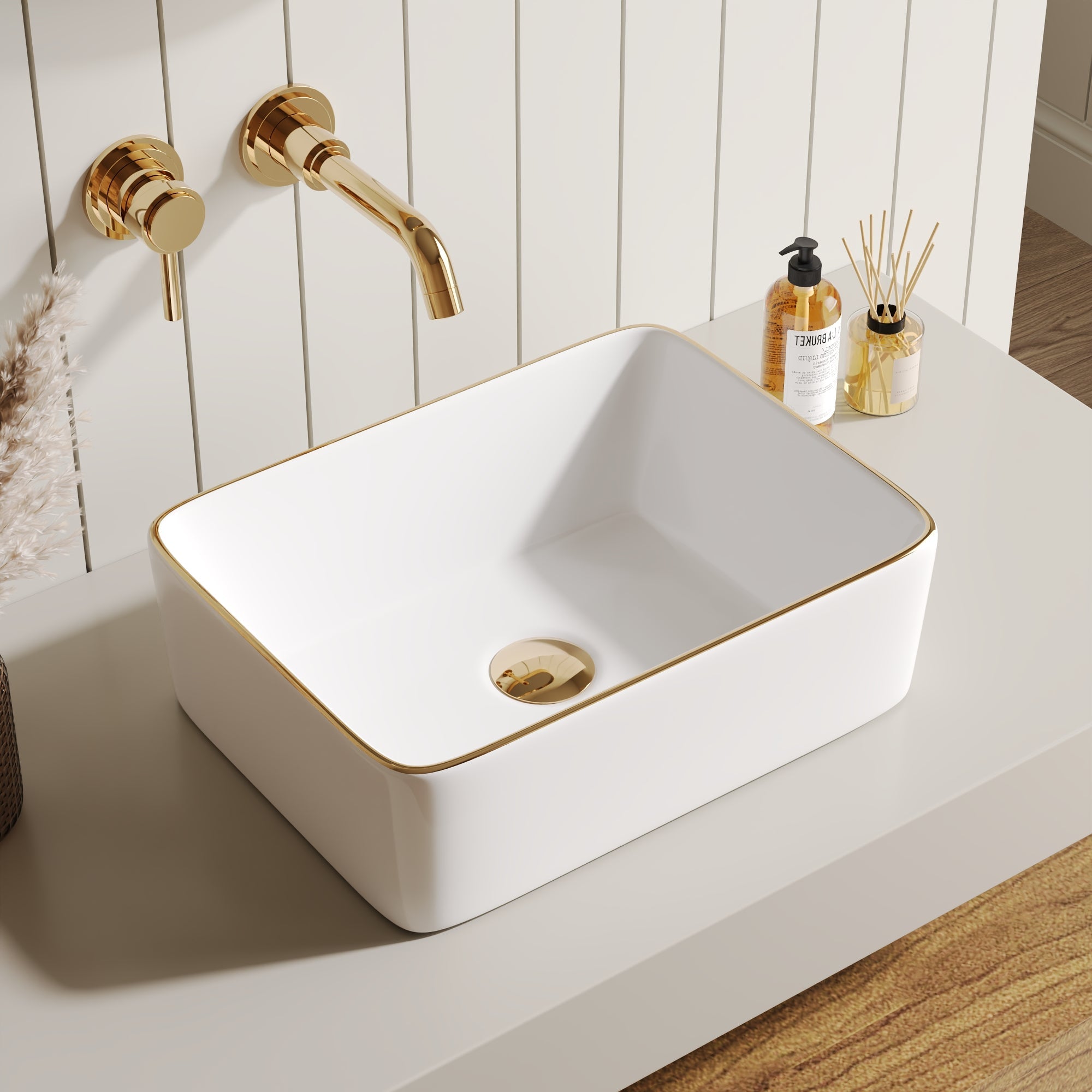 DeerValley Liberty 16"x12" Rectangular Vessel Sink with Gold Trim, White Ceramic Above Counter Bathroom Sink Bowl, DV-1V0366