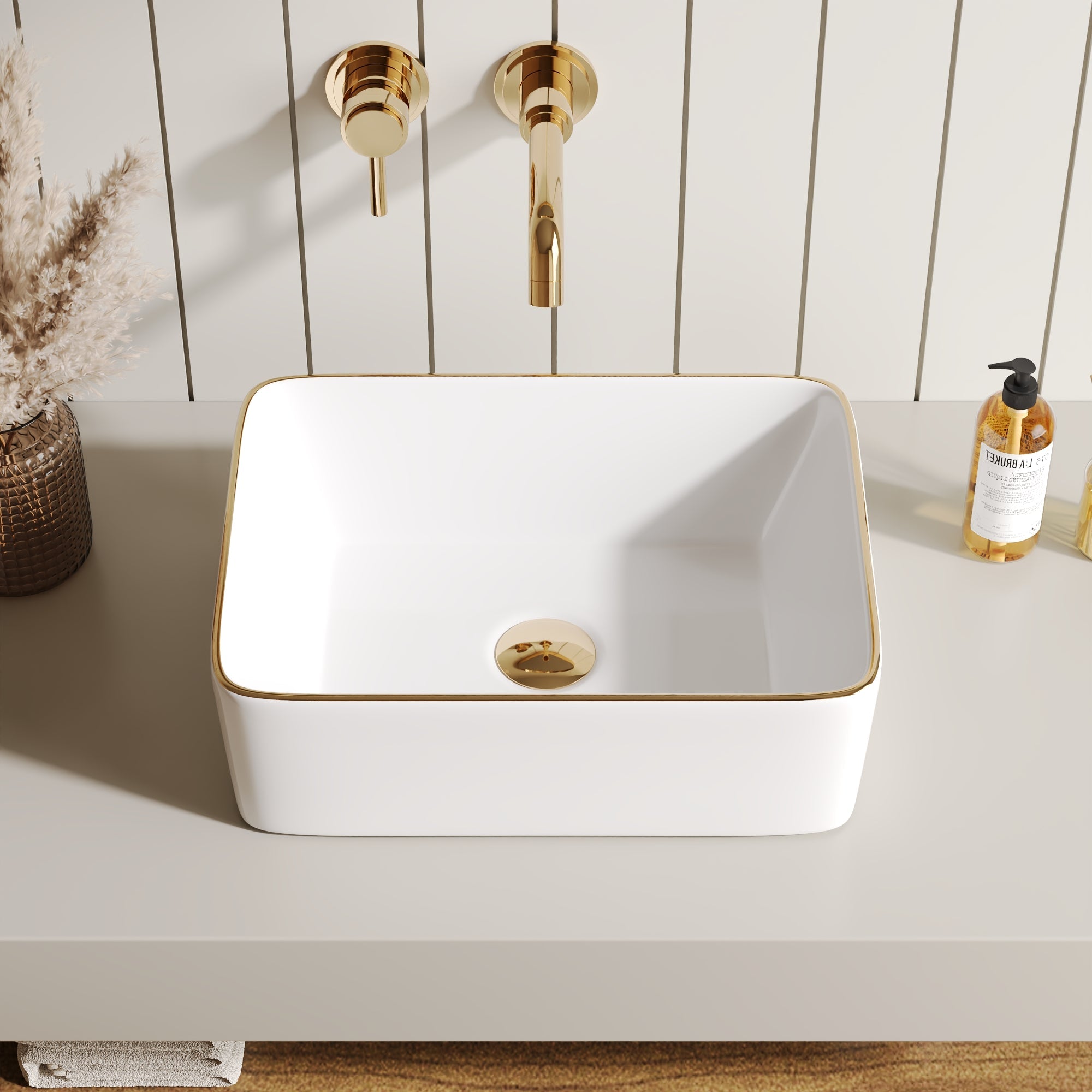 DeerValley Liberty 16"x12" Rectangular Vessel Sink with Gold Trim, White Ceramic Above Counter Bathroom Sink Bowl, DV-1V0366