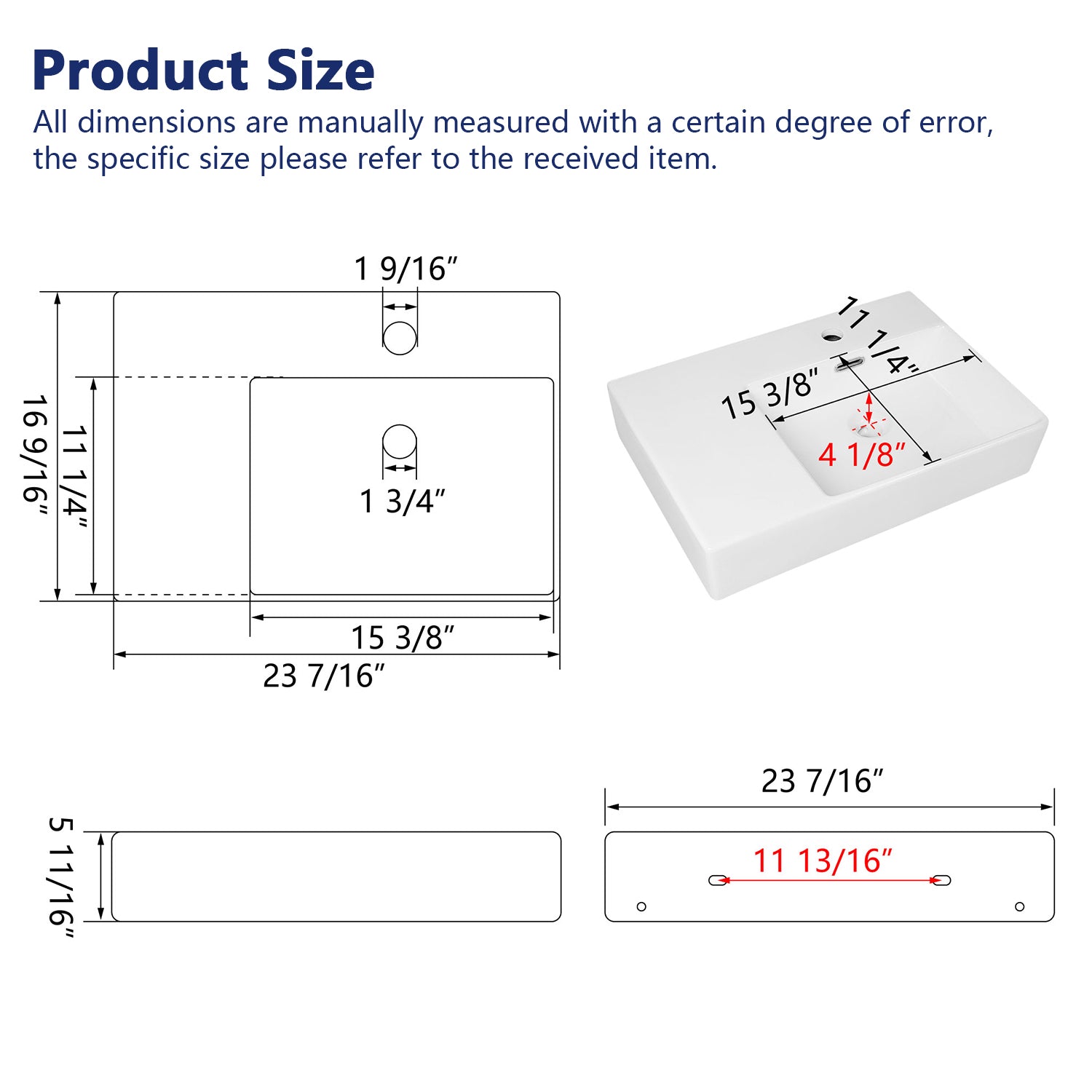 16.54" Rectangular Wall-Mount Bathroom Sink, Overflow Hole