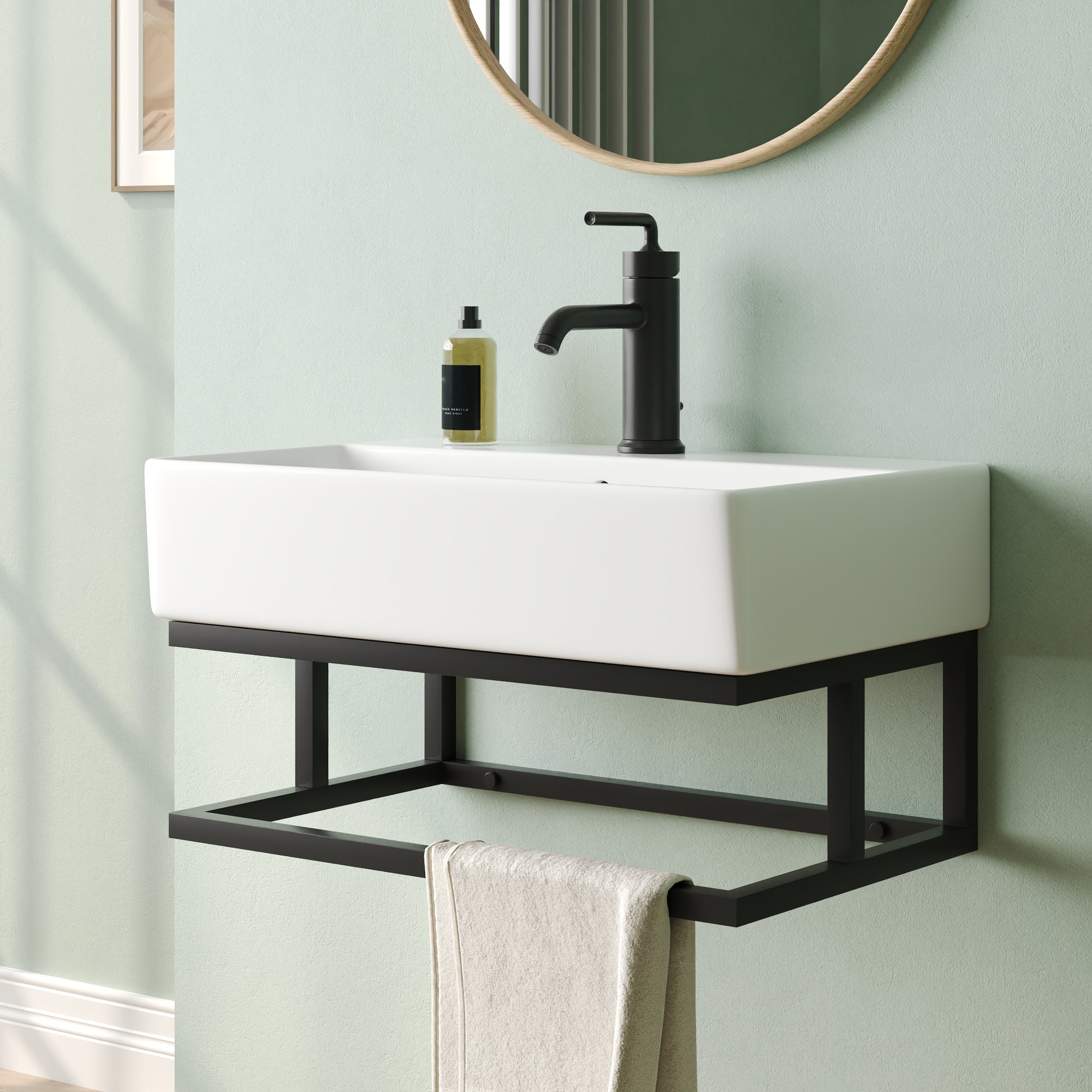 DeerValley 22"x14" Wall Mounted Bathroom Sink with Black Towel Bar, Rectangular Bathroom Sink with Overflow