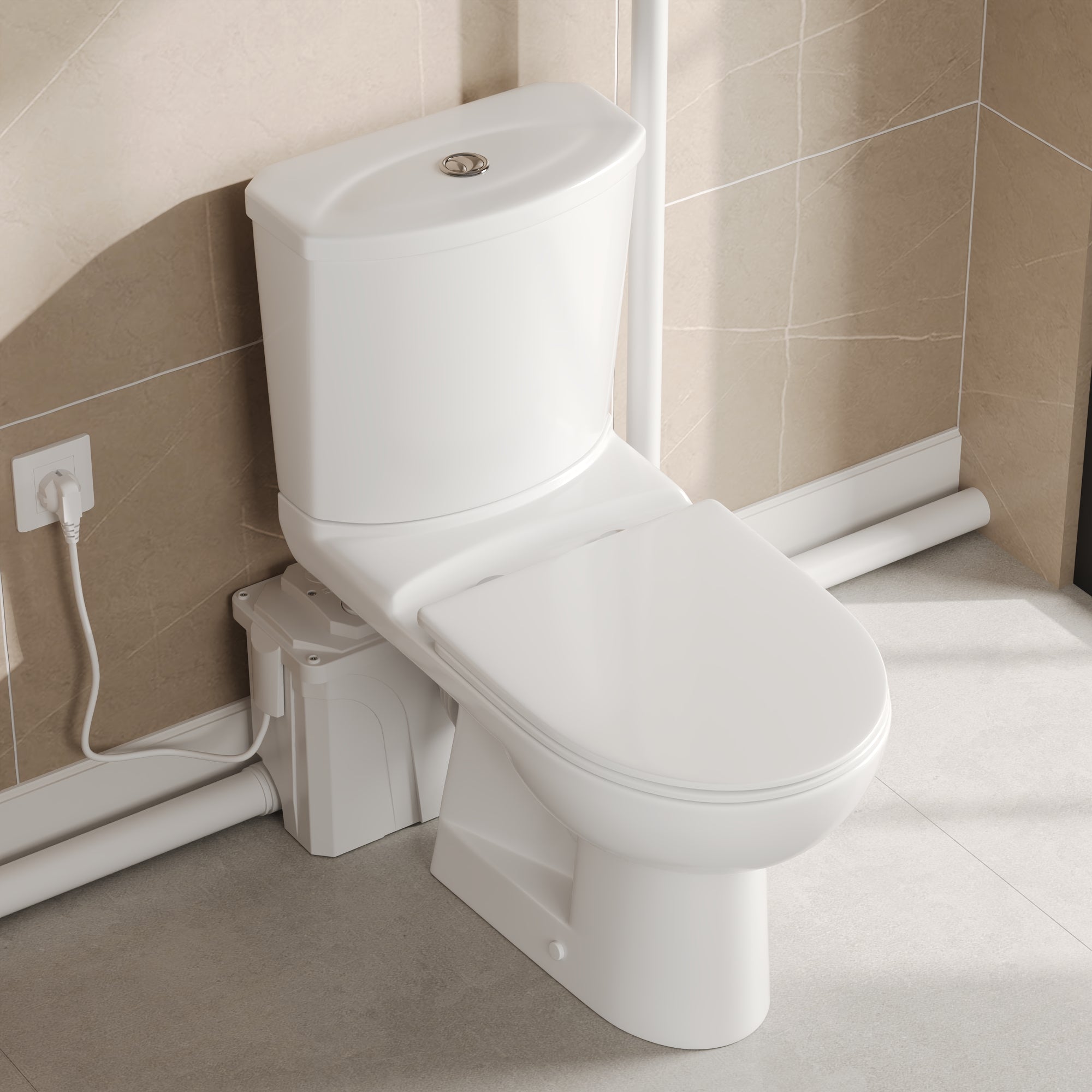 Macerating Toilet, 23ft Vertical Sewage Lift, 700W Stainless Steel Grinder, Dual Odor Control System