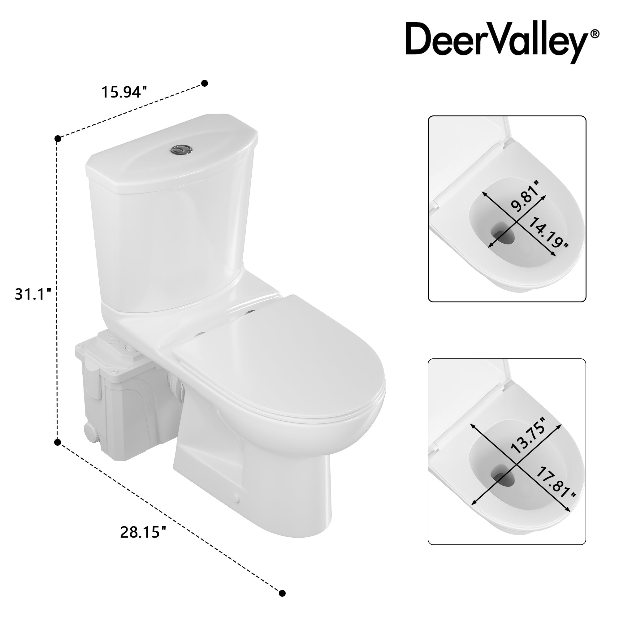 Macerating Toilet, 23ft Vertical Sewage Lift, 700W Stainless Steel Grinder, Dual Odor Control System