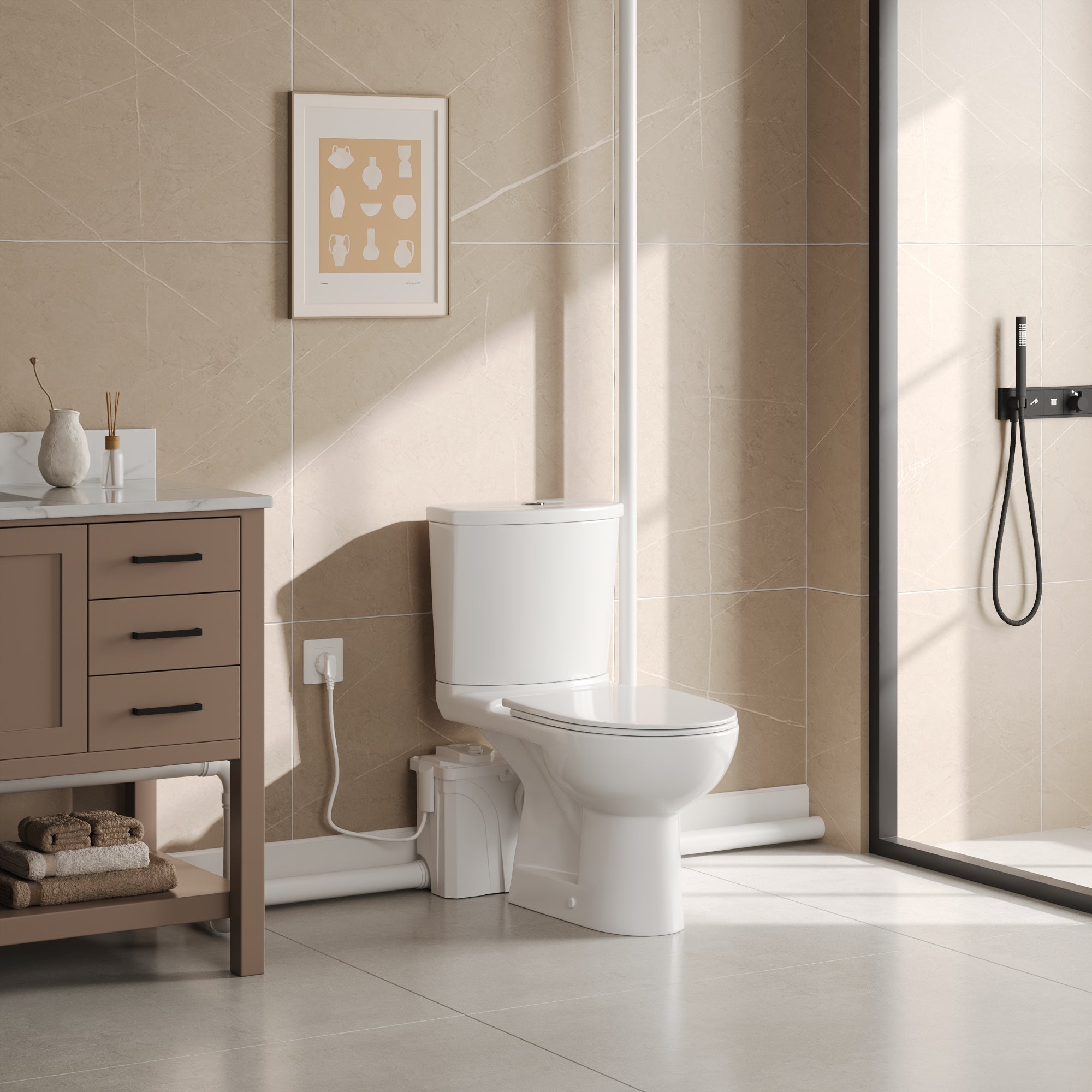 Macerating Toilet, 23ft Vertical Sewage Lift, 700W Stainless Steel Grinder, Dual Odor Control System