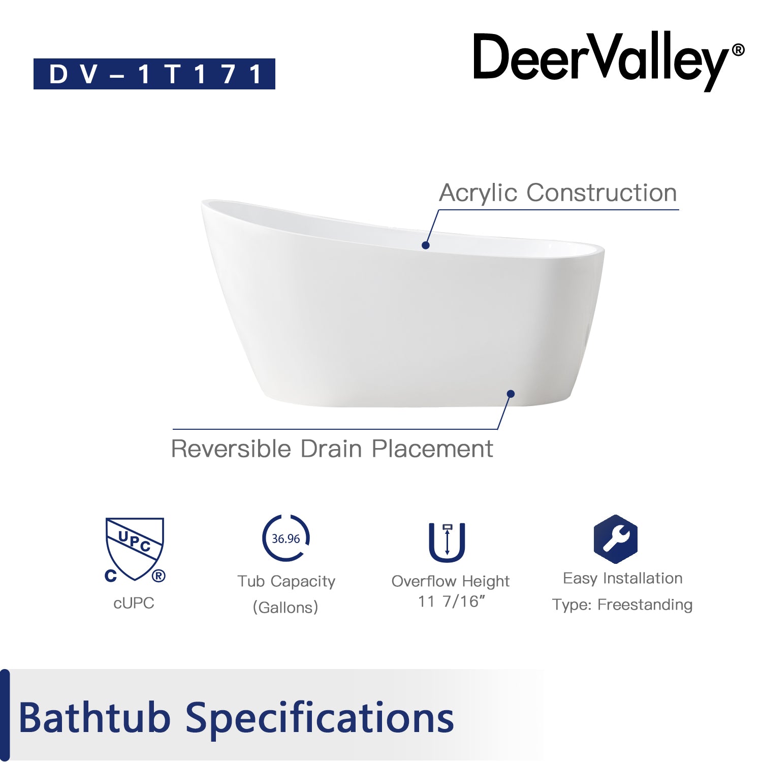 DeerValley Bath DeerValley DV-1T171 Prism 59" X 29" Freestanding Acrylic Bathtub