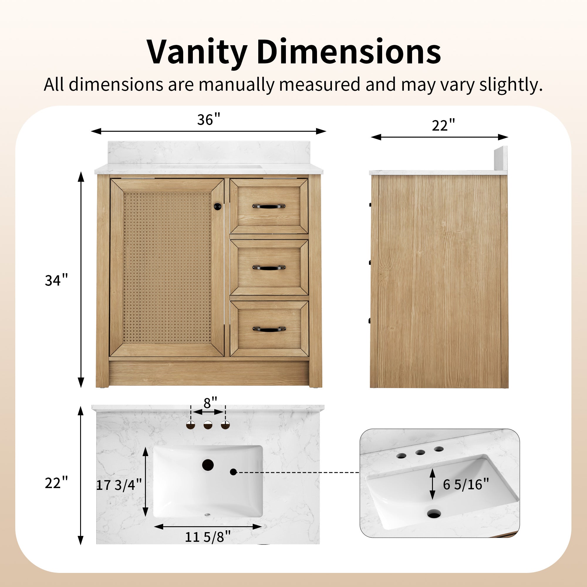 DeerValley DV-1BV0541NW Farmhouse Vanity, Natural Oak Rattan Accent, 36-in Assembled