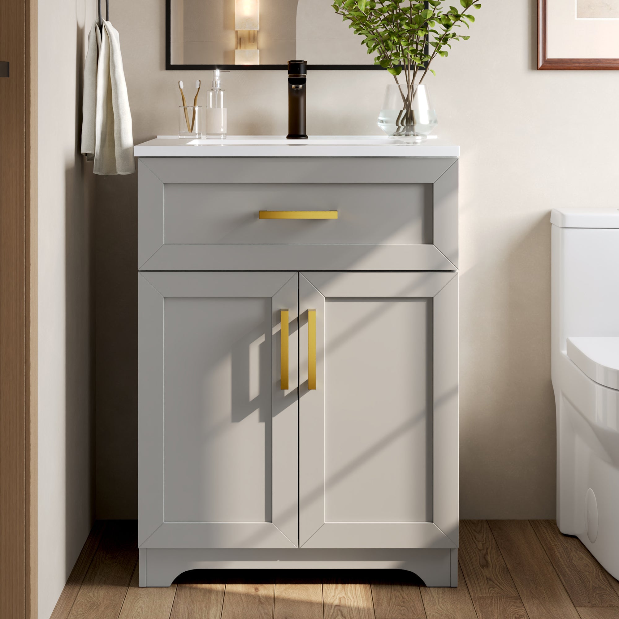 DeerValley DV-1BV0546W Freestanding Antique Oak Bath Vanity with Soft-Close Drawers & Integrated Ceramic Top