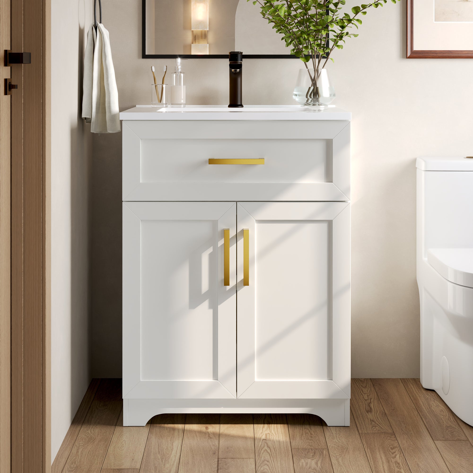 DeerValley DV-1BV0546W Freestanding Antique Oak Bath Vanity with Soft-Close Drawers & Integrated Ceramic Top