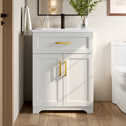 DeerValley DV-1BV0546W Freestanding Antique Oak Bath Vanity with Soft-Close Drawers & Integrated Ceramic Top