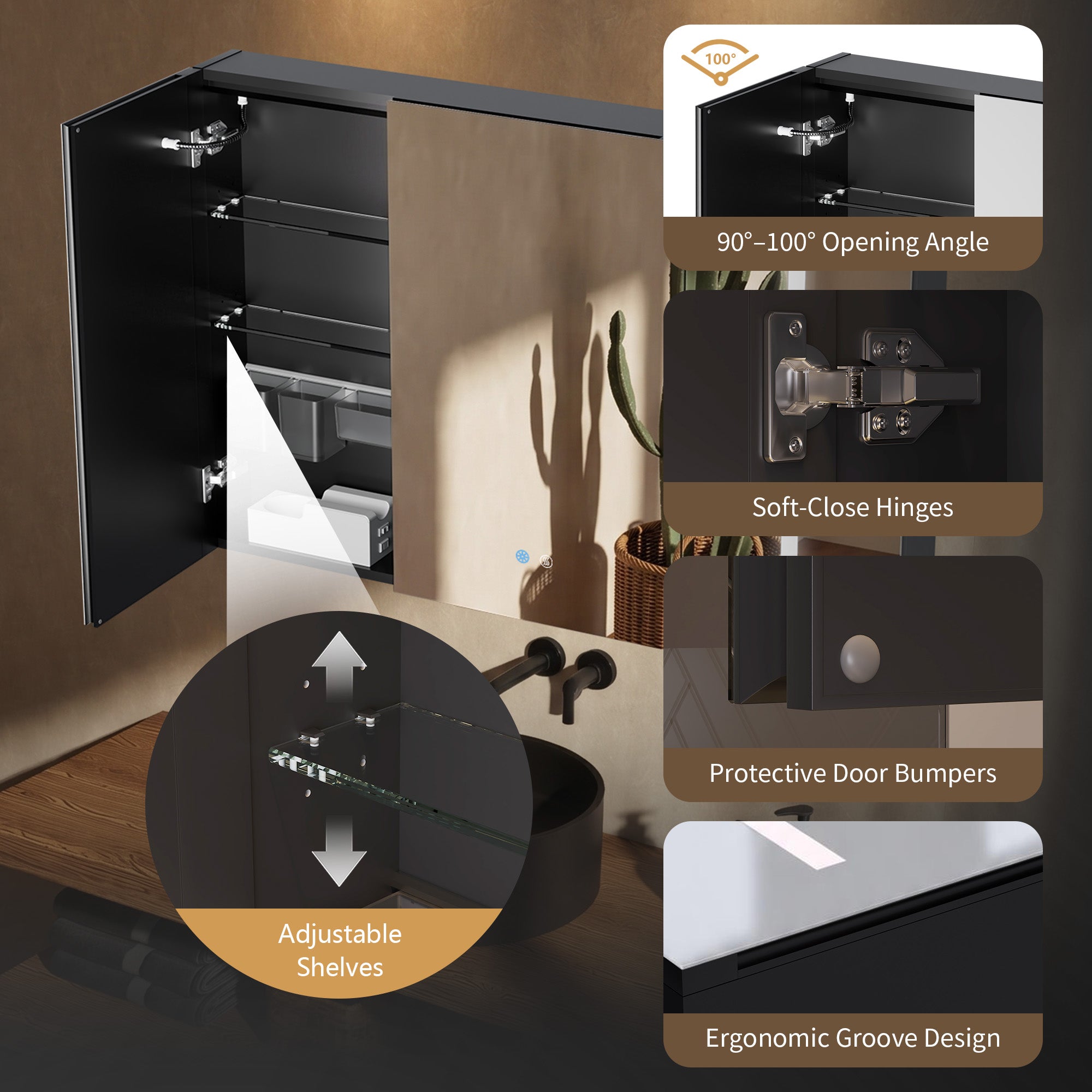 DeerValley Three-Door Wall-Mounted Mirror Cabinet with Black Aluminum Frame and Inner Storage