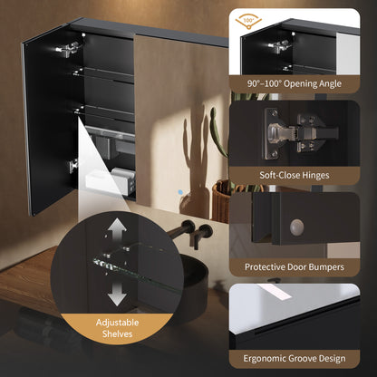 DeerValley Three-Door Wall-Mounted Mirror Cabinet with Black Aluminum Frame and Inner Storage