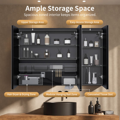 DeerValley Three-Door Wall-Mounted Mirror Cabinet with Black Aluminum Frame and Inner Storage