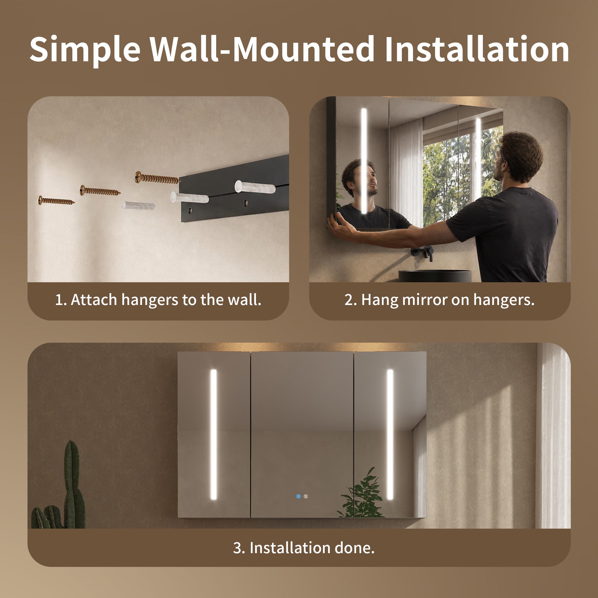 DeerValley Three-Door Wall-Mounted Mirror Cabinet with Black Aluminum Frame and Inner Storage