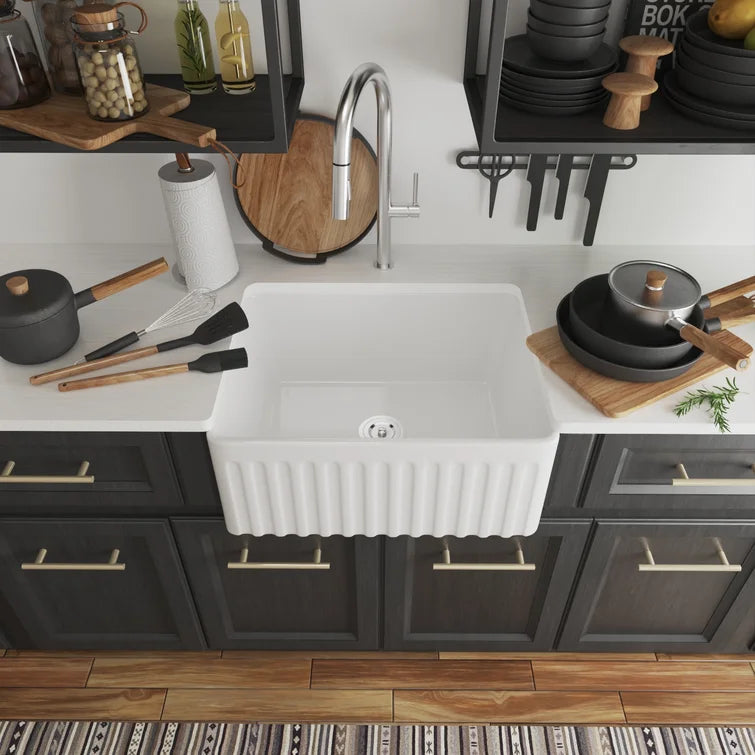 DeerValley Bath DeerValley DV-1K022 Perch 24" L x 17" W Ceramic White Farmhouse Kitchen Sink Single Bowl with Reversible Front Apron Kitchen Sink