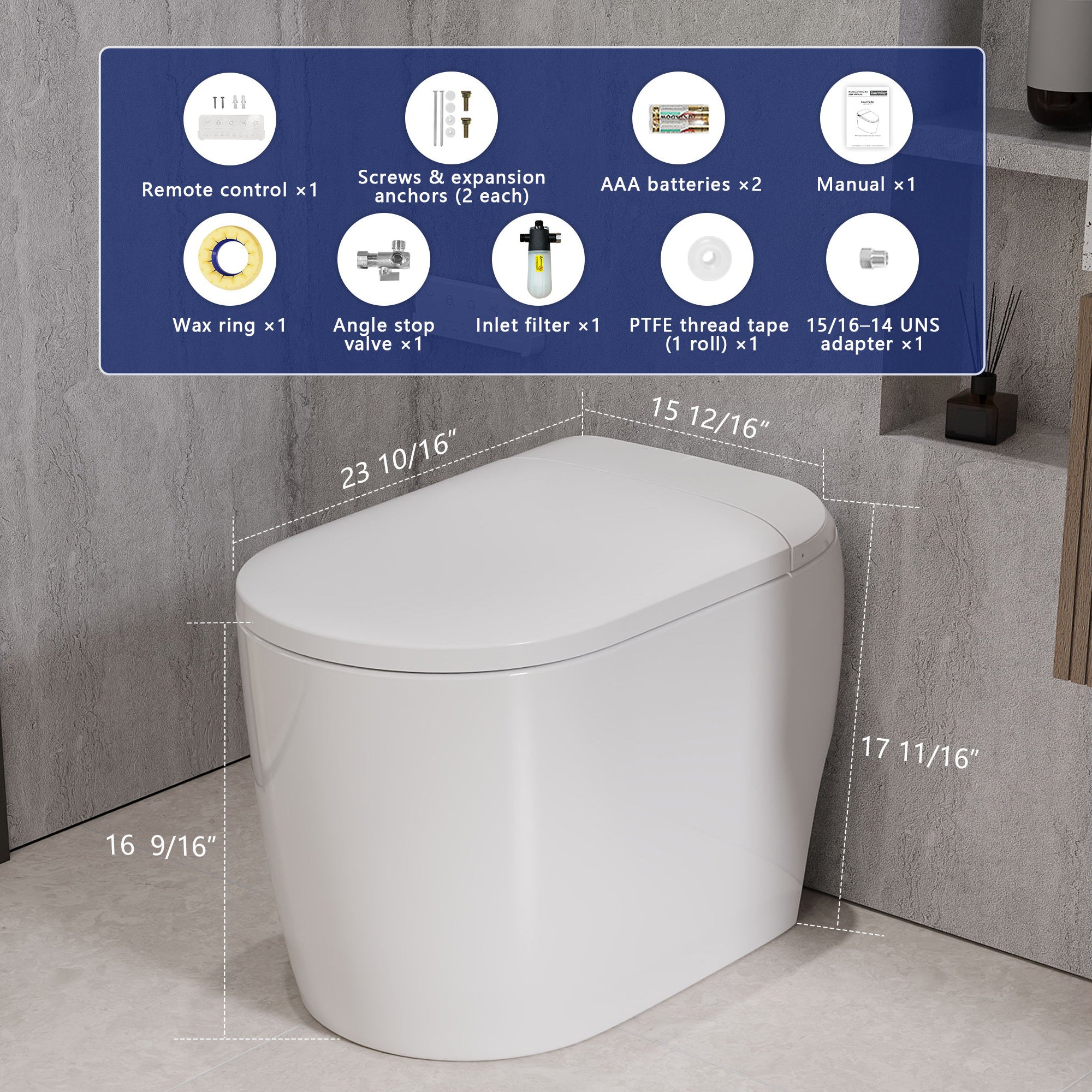 DeerValley DV-1S0381 Compact One-Piece Smart Toilet for Small Bathrooms, Dual Flush Bidet with Auto Flush, Foot Kick Flush, Heated Seat, Adjustable Water & Air Temperature, Deodorizer, Soft Night Light, and Remote Control