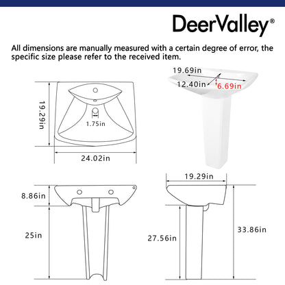 APEX 33.8" Rectangular Pedestal Bathroom Sink, Single Faucet Holes
